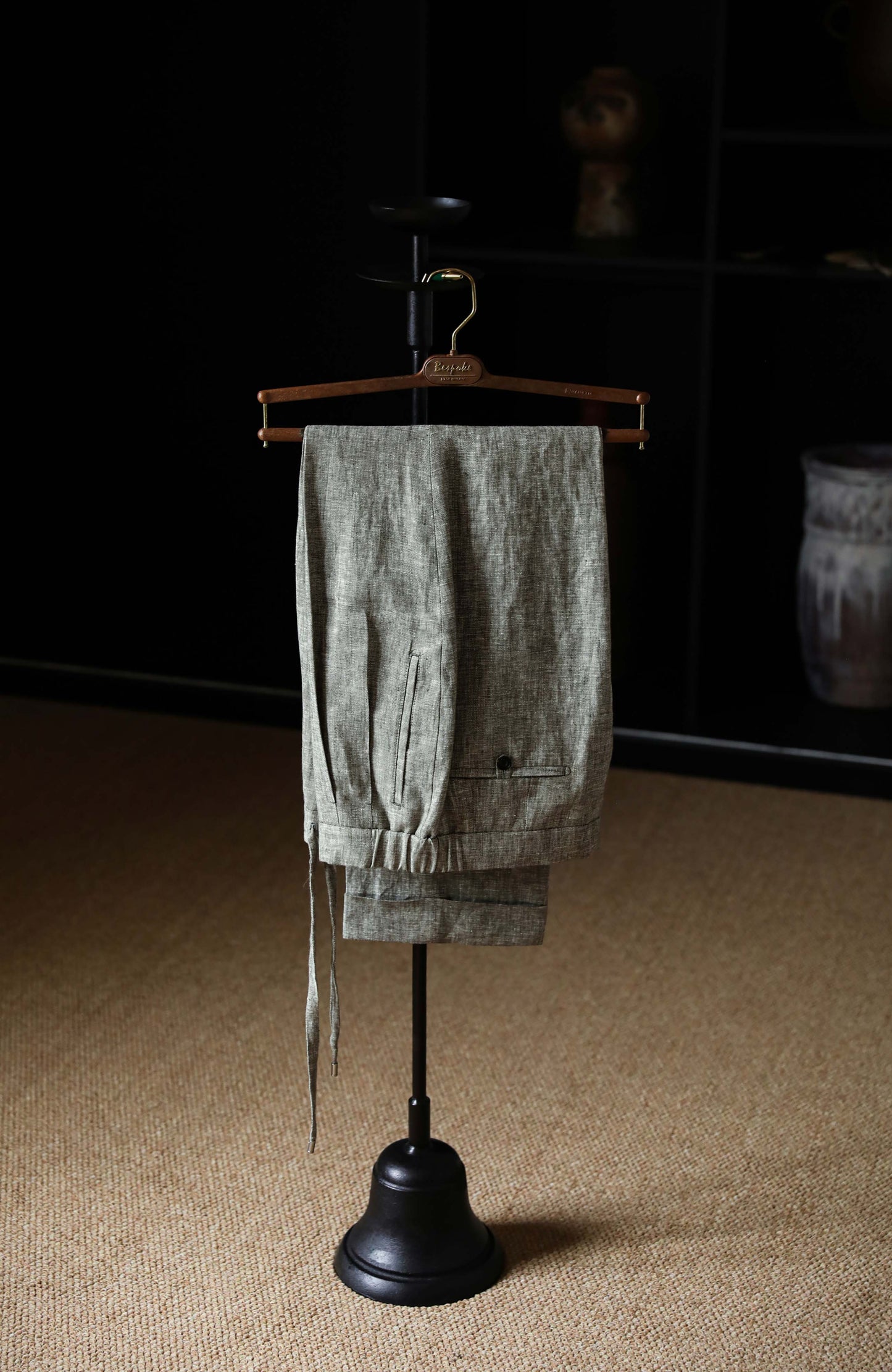 Linen Elasticated High-Waisted Suit Trousers with Drawstring — Moss Field Green