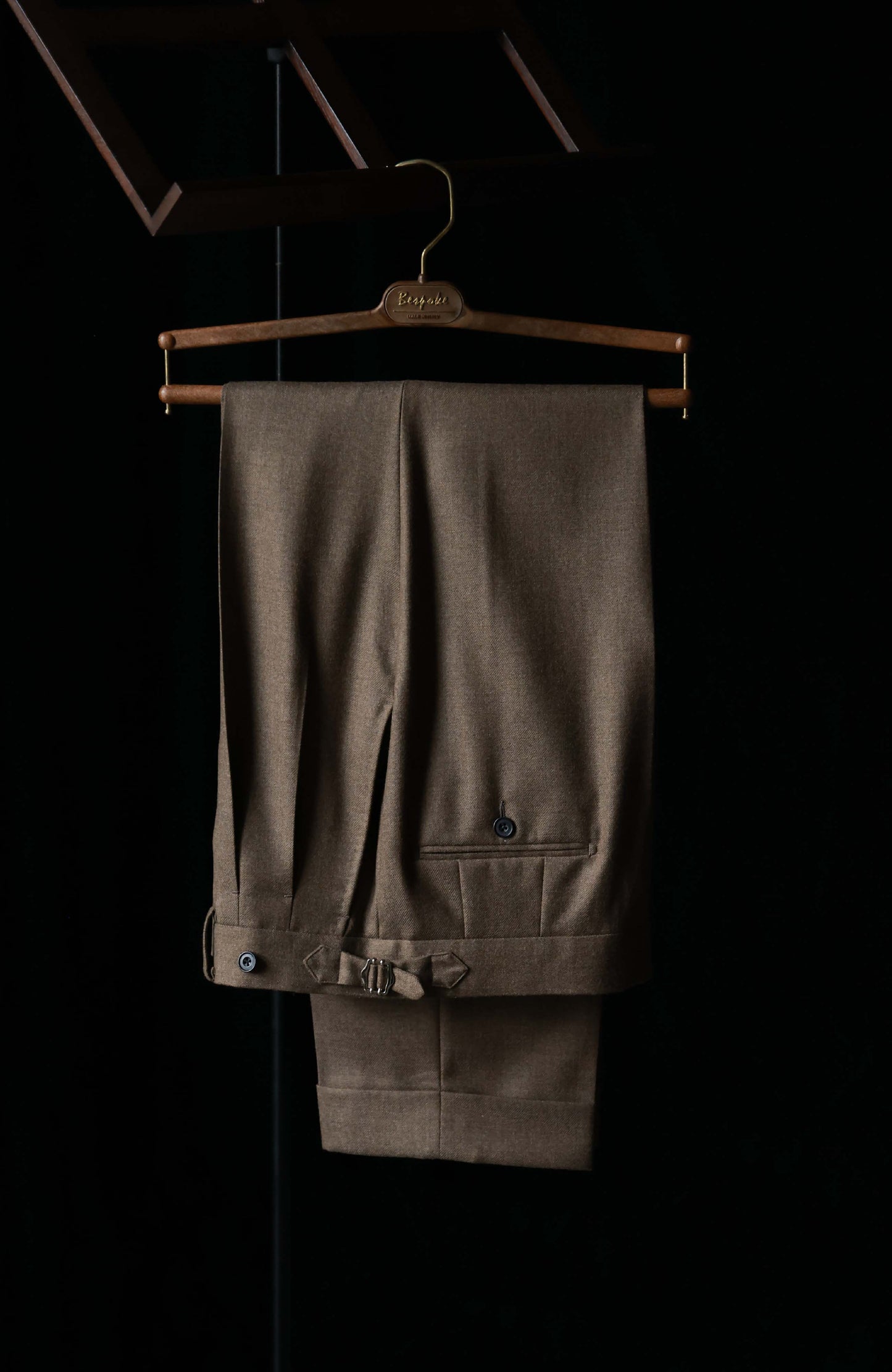 High-Waisted Flannel Suit Trousers with Parisian Side Adjusters — Withered Wood Brown