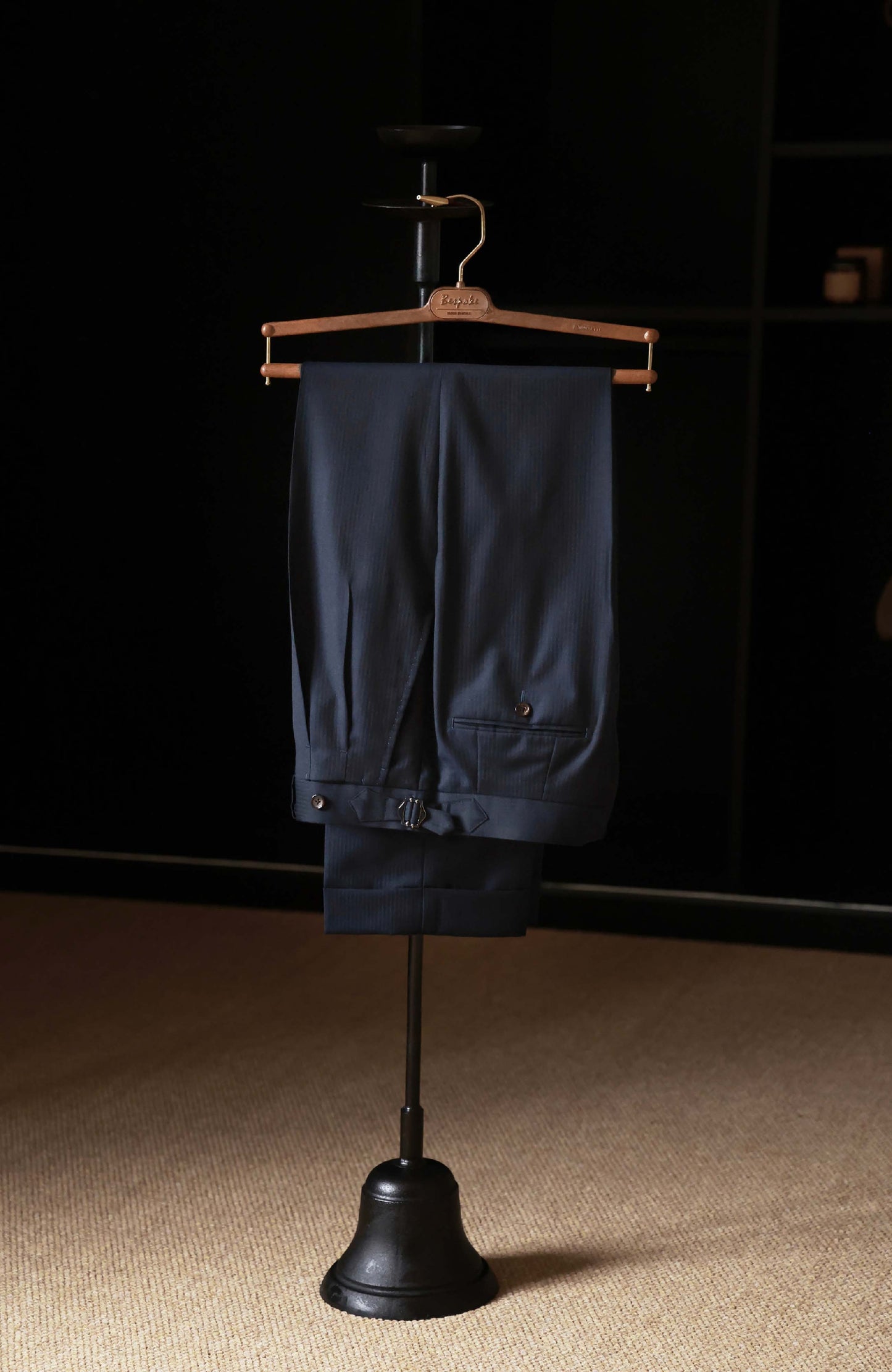 Wool-Silk Herringbone High-Waisted Suit Trousers with Side Adjusters — Abyss Blue