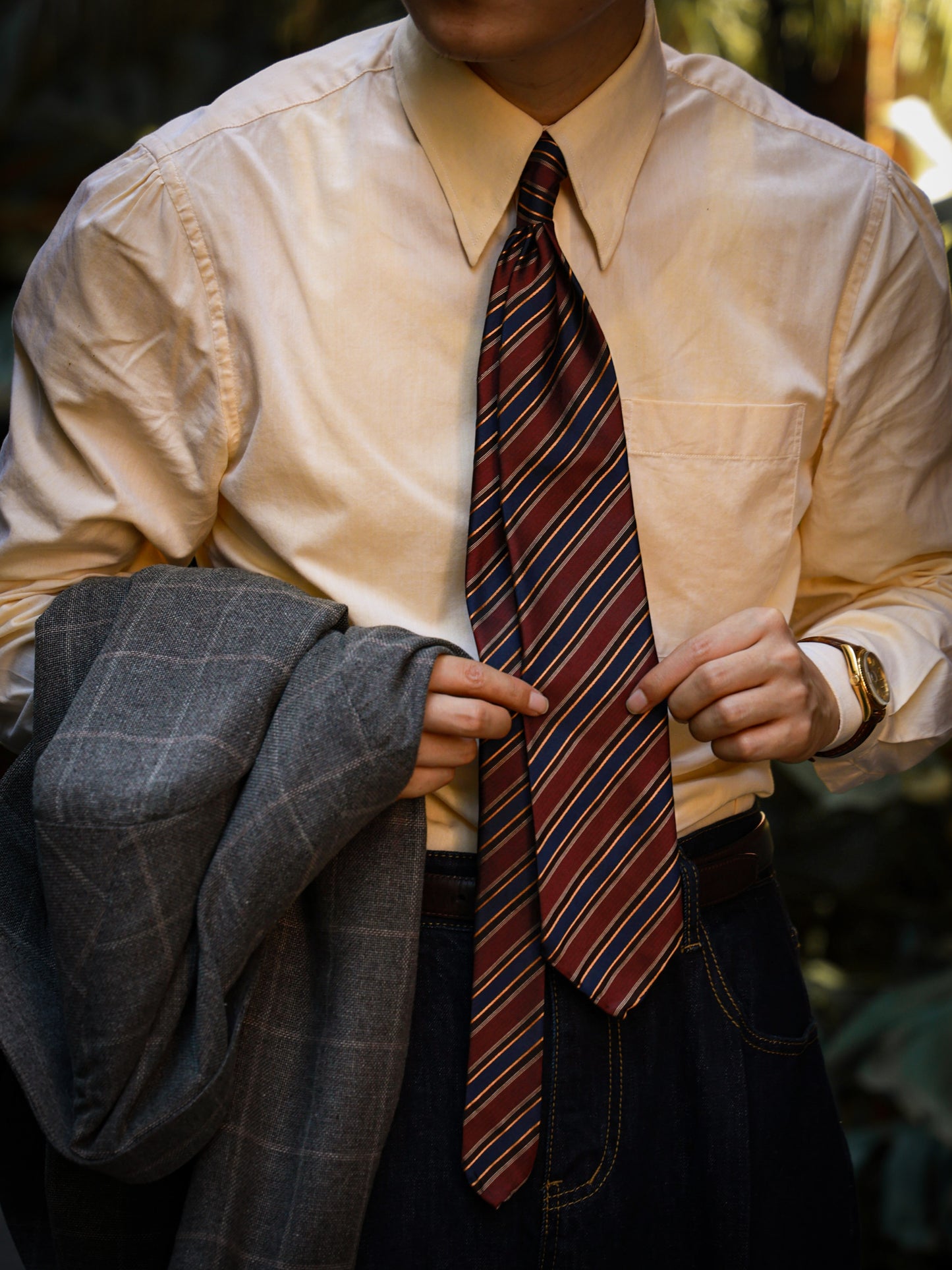 「Vintage Red & Blue Striped」Silk Three-fold Tie D-02
