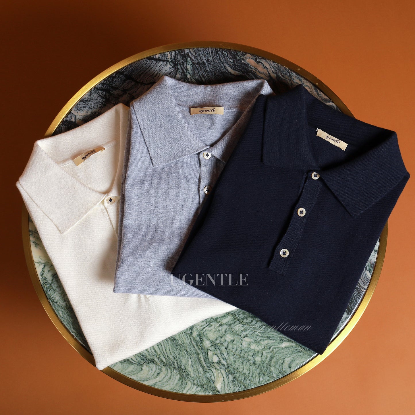 「Navy Blue」combed cotton Shell Buttons Knit Short-Sleeve Polo Shirt
