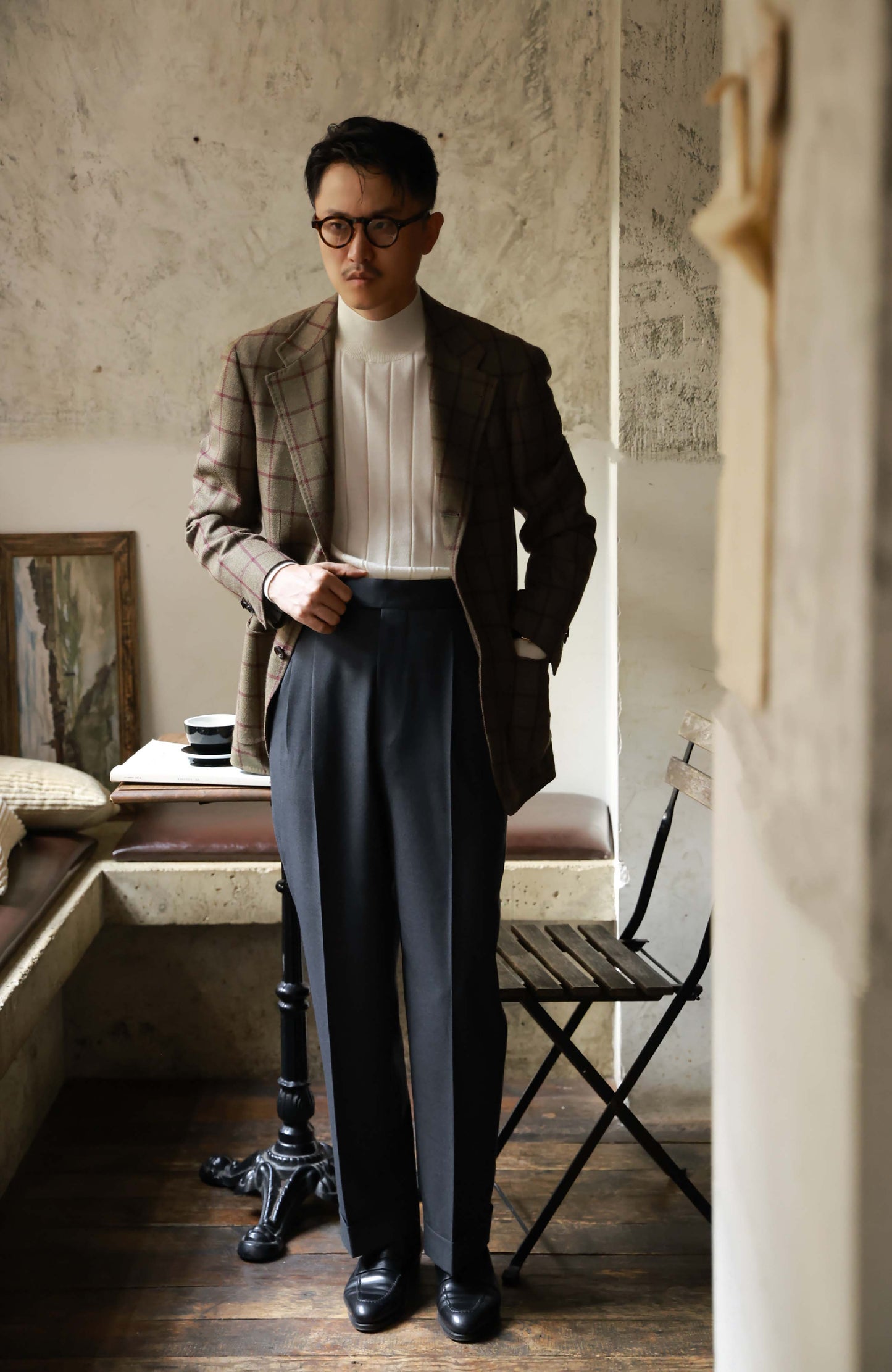 High-Waisted Flannel Suit Trousers with Parisian Side Adjusters — Mist Grey