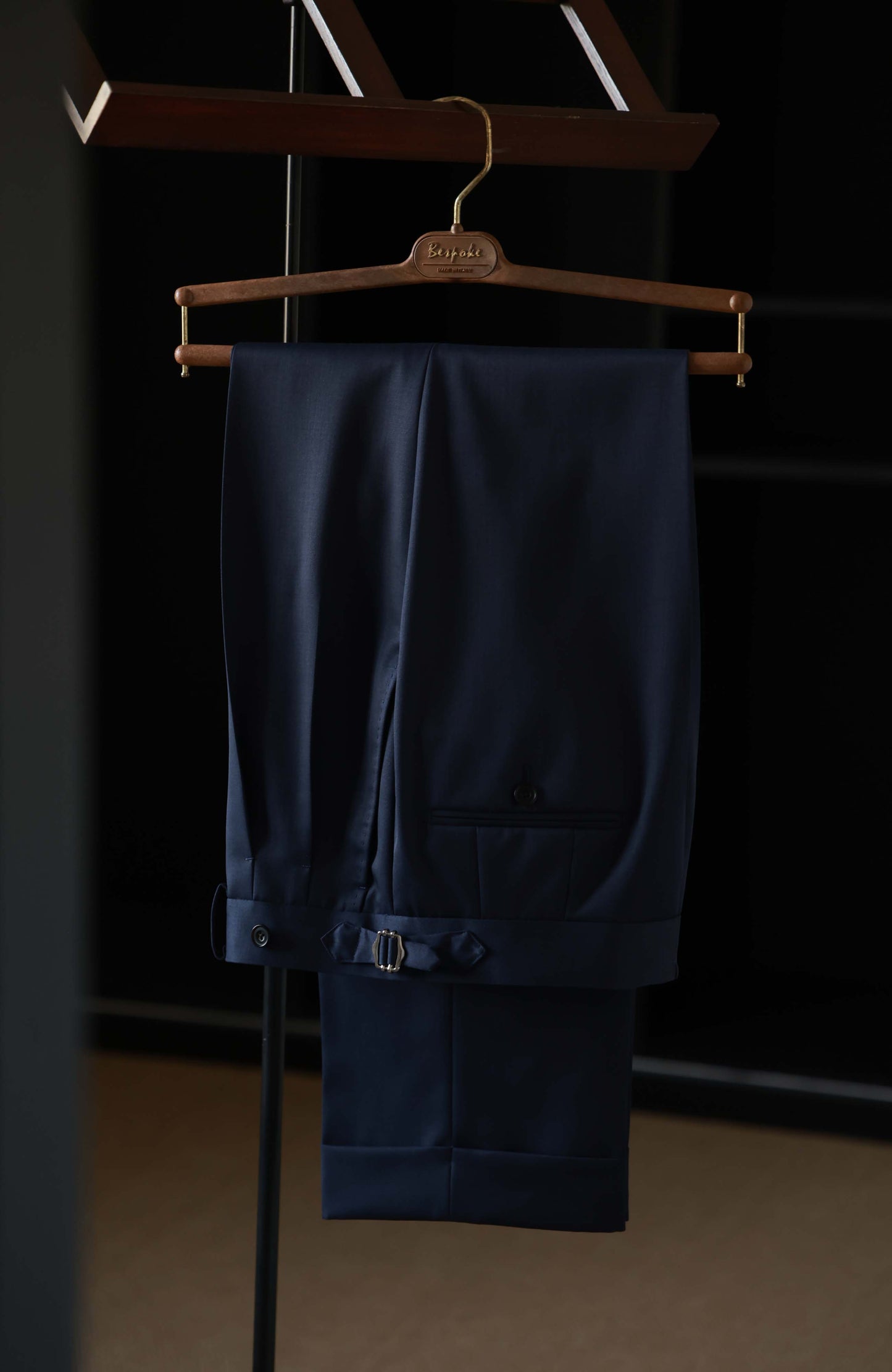 Superfine Twill Wool High-Waisted Suit Trousers with Parisian Side Adjusters — Prussian Blue