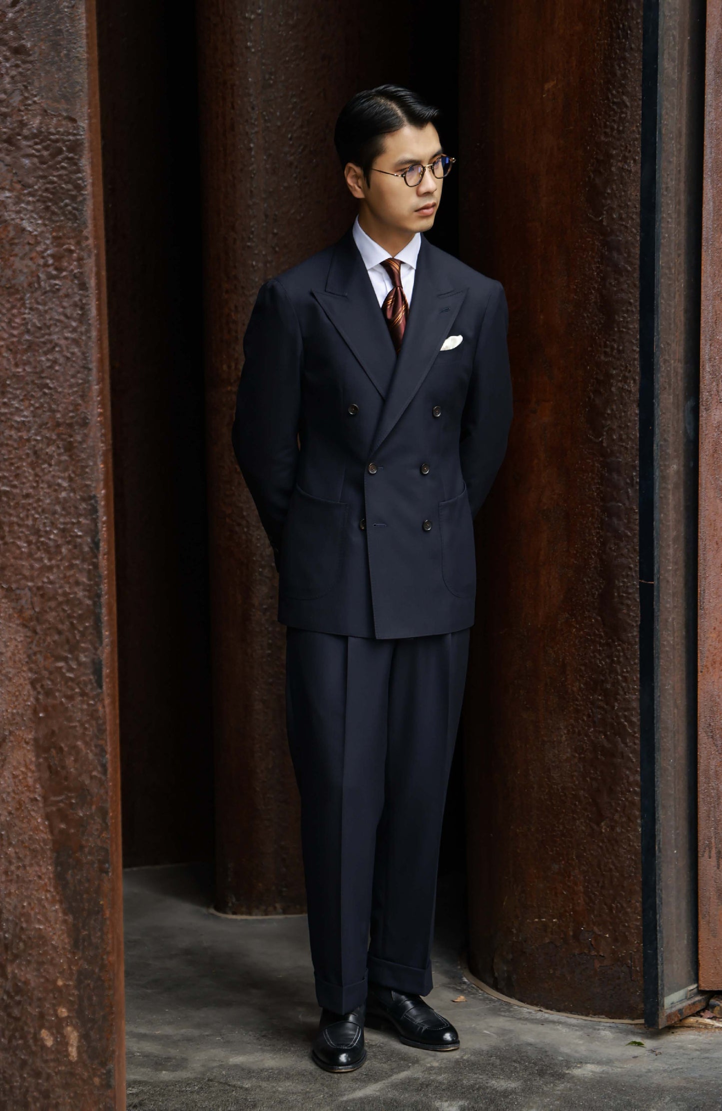 High-Waisted Suit Trousers with Parisian Side Adjusters — Navy Herringbone