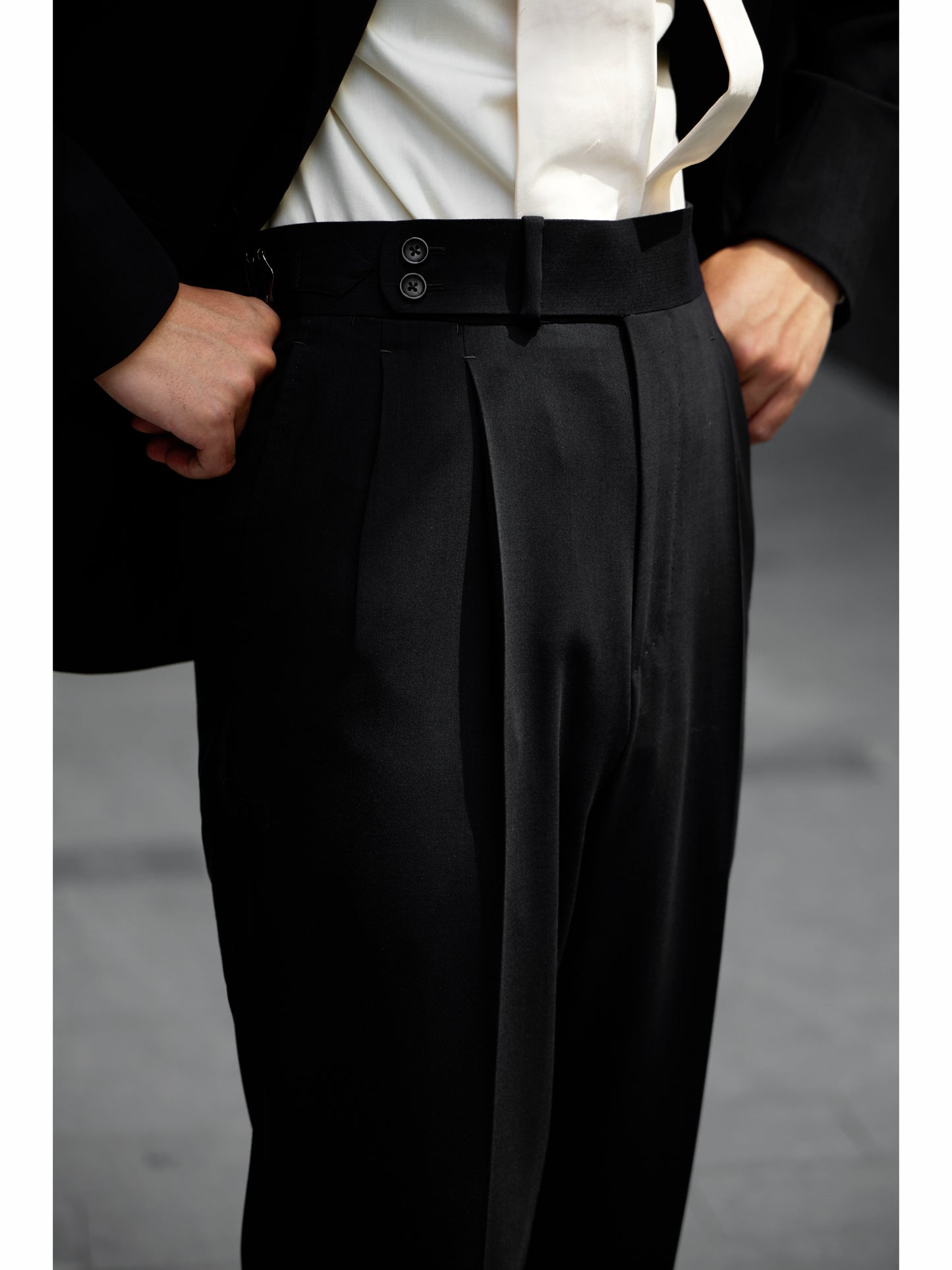 「Phantom Black」Suit Trousers with Italian-style Pure-wool Parisian Side Adjusters and High-Waisted Double-Pleated