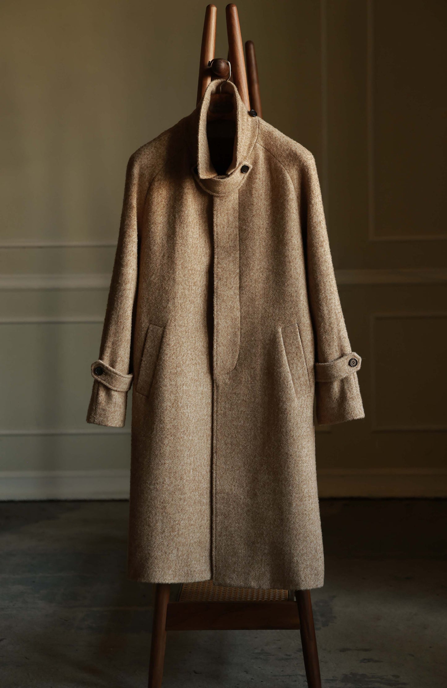 Textured Balmacaan Overcoat — Desert Herringbone