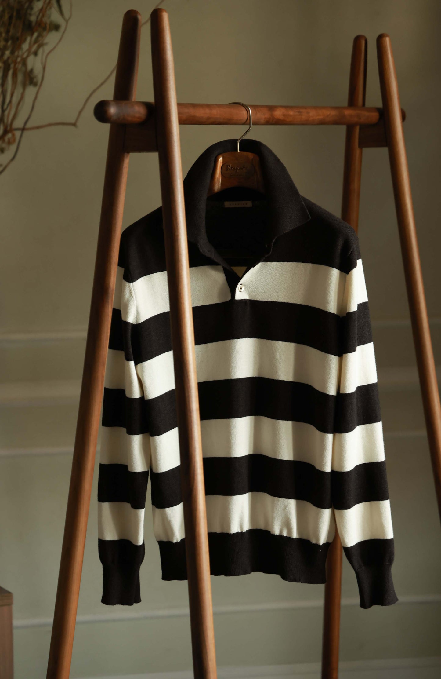 Cashmere Cotton Polo Sweater — Brown White Bold Stripe