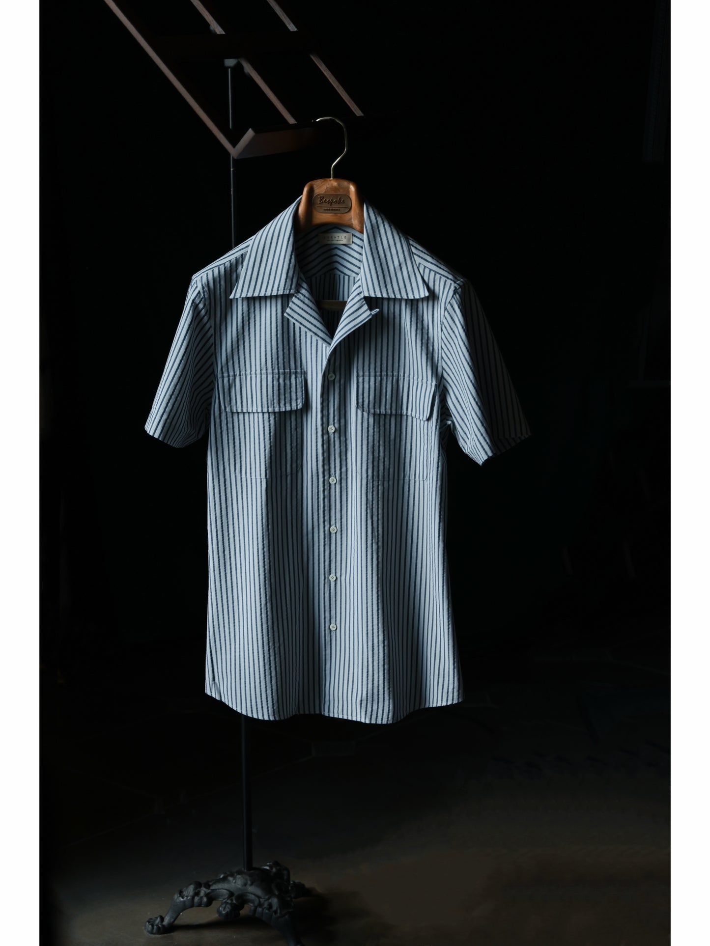 Cuban Collar Short Sleeve Shirt — Navy Stripe Seersucker