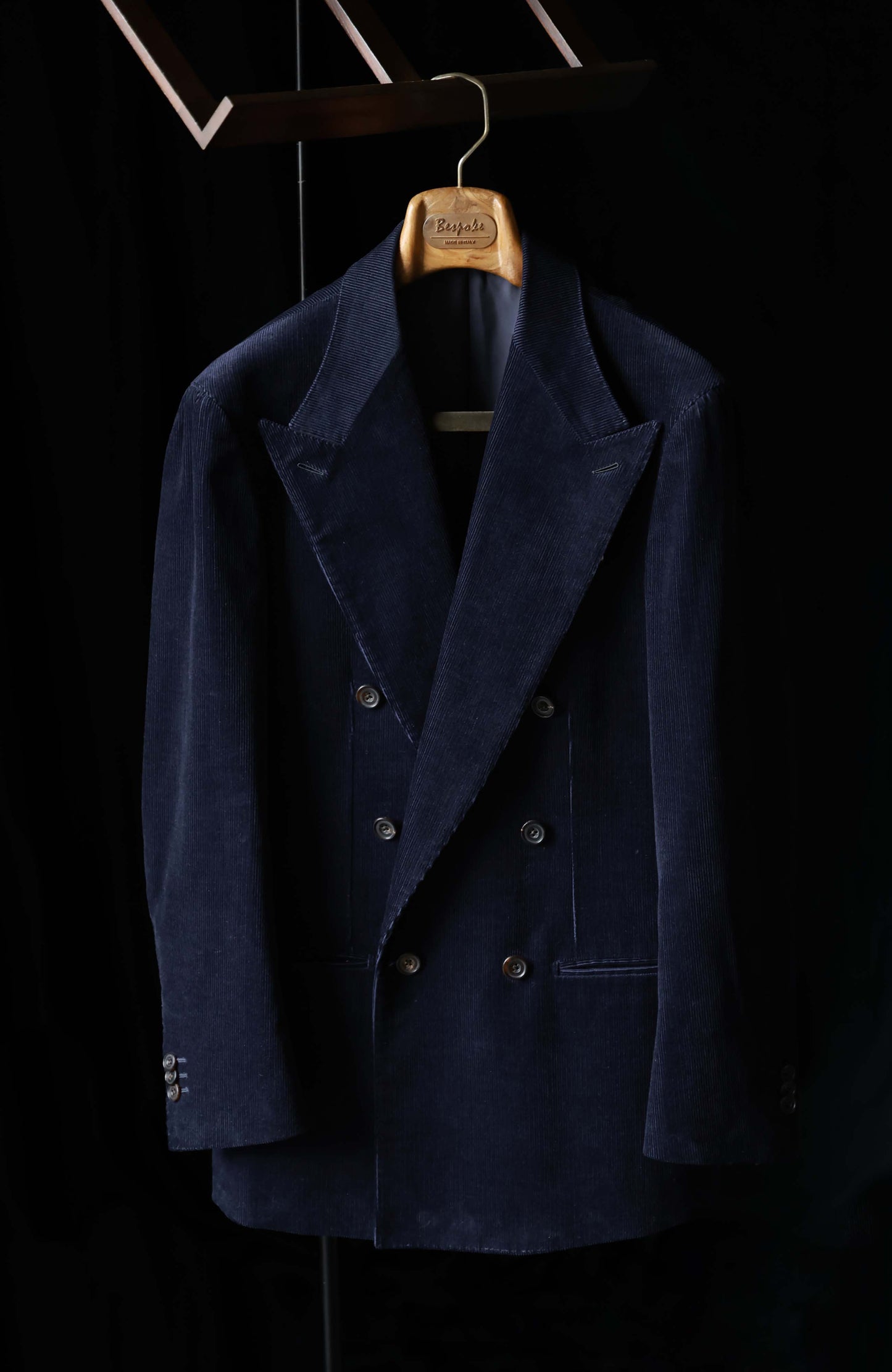 Half-Canvas Double-Breasted Japanese Corduroy Suit Jacket — Midnight Sheen Navy