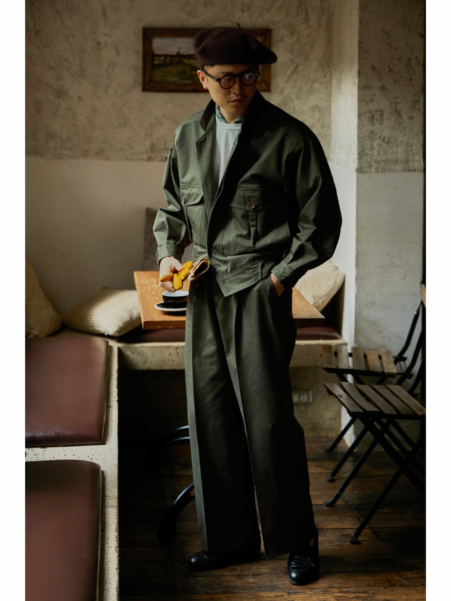 「Mist Forest」Vintage High-density-Cotton High-Waisted Wide-Leg Pant