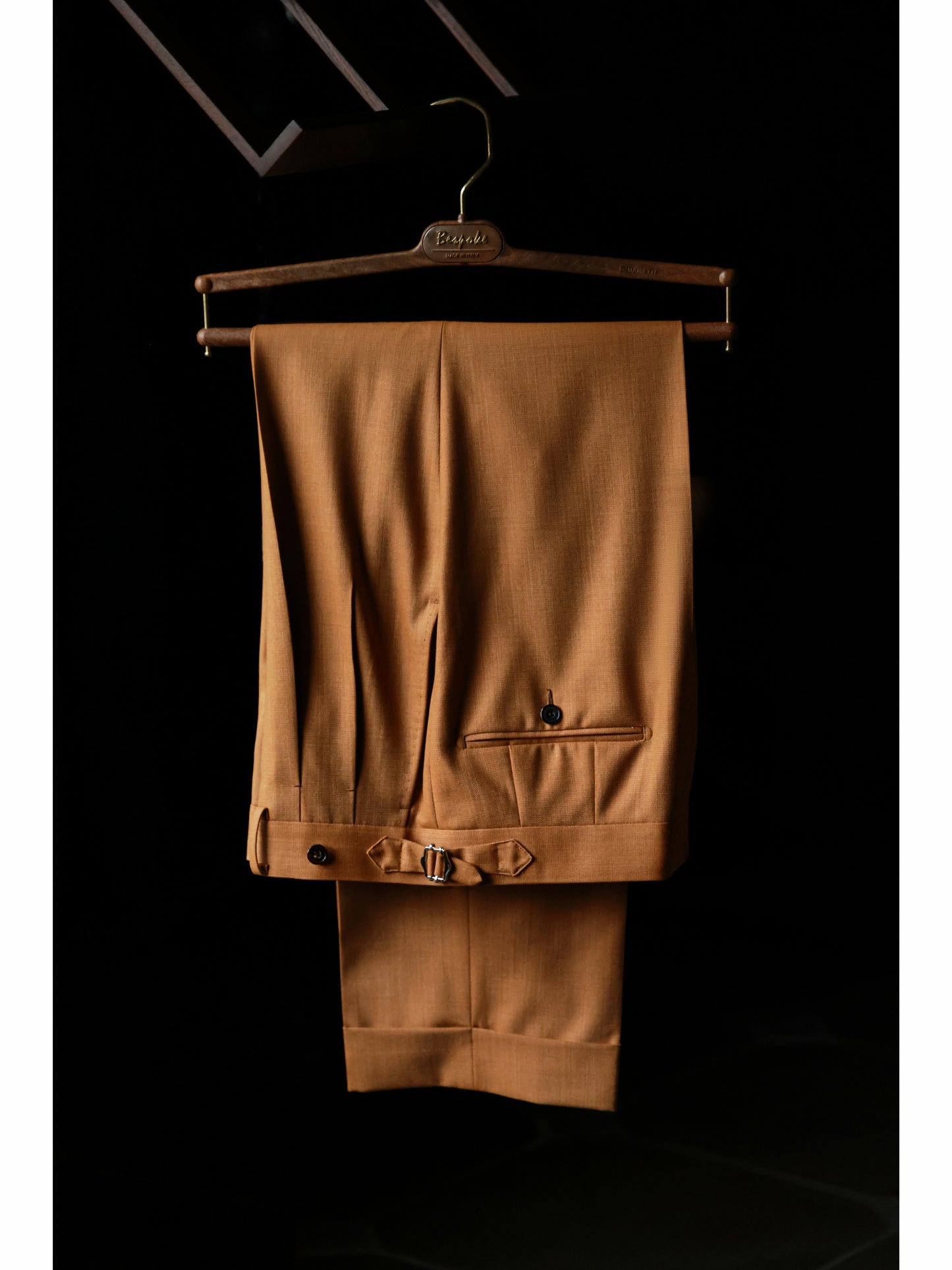 「Tuscan Dusk」Vintage Suit Trousers with Merino Wool Parisian Side Adjusters and High-Waisted Double-Pleated
