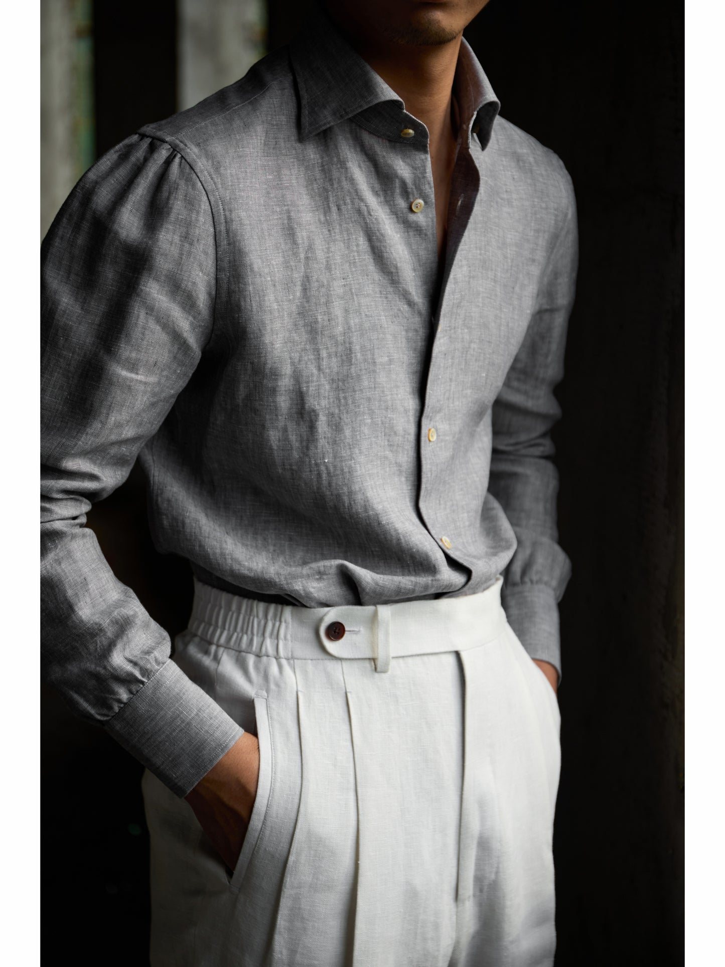 Spread Collar Linen Shirt — Grey