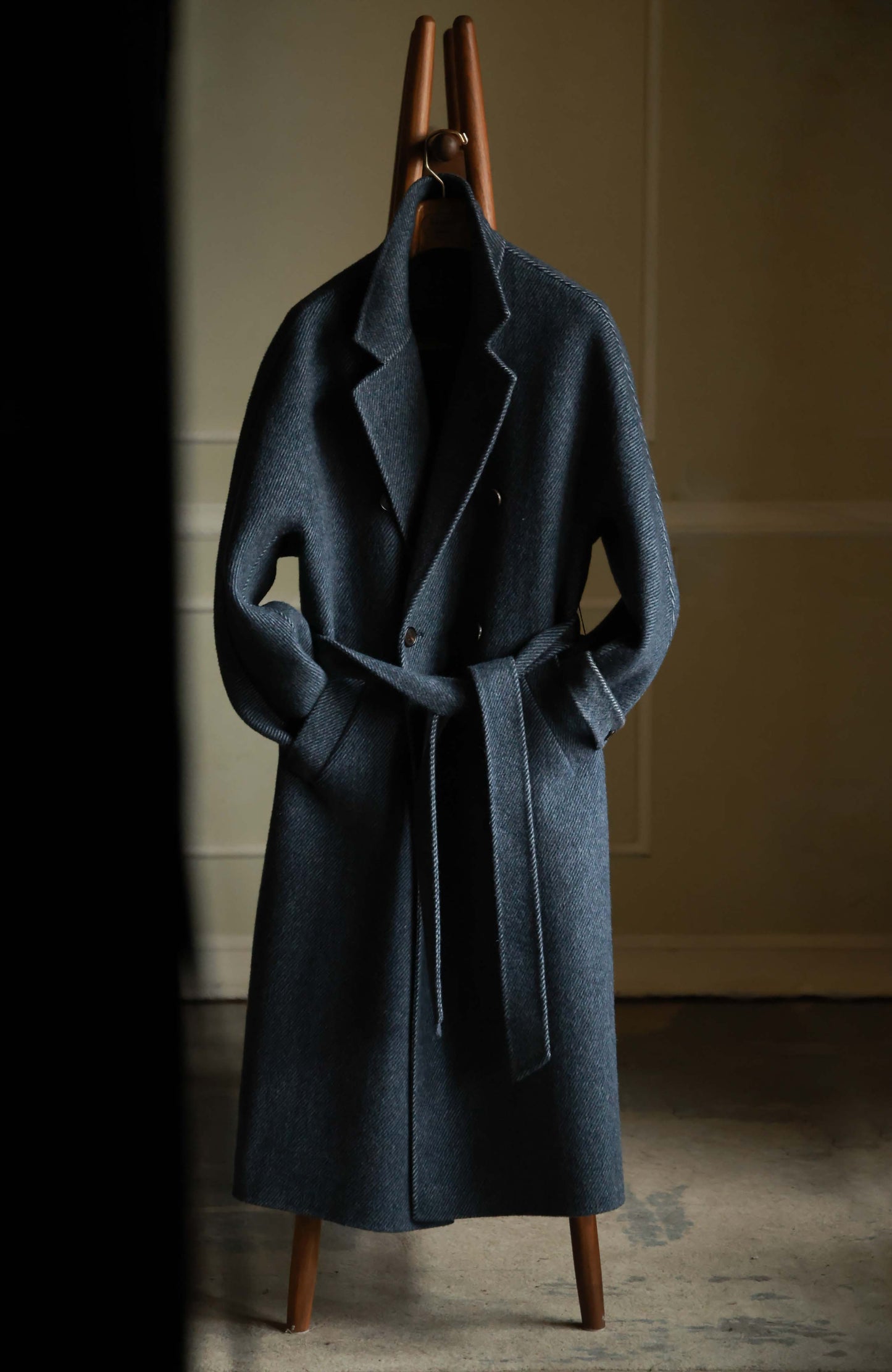 Camel Hair–Wool Blend Double-Faced Overcoat — Misty Midnight Blue