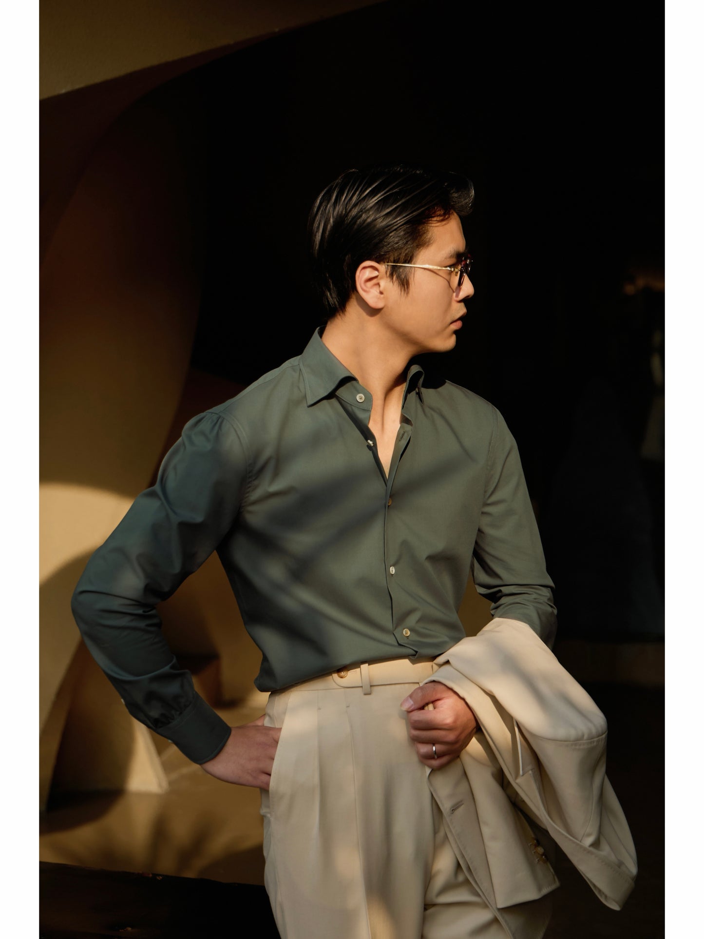 「Pine Rock Green」Italian-style Hidden-Button Spread Collar Pure-Cotton Gentleman's Long-Sleeve Shirt