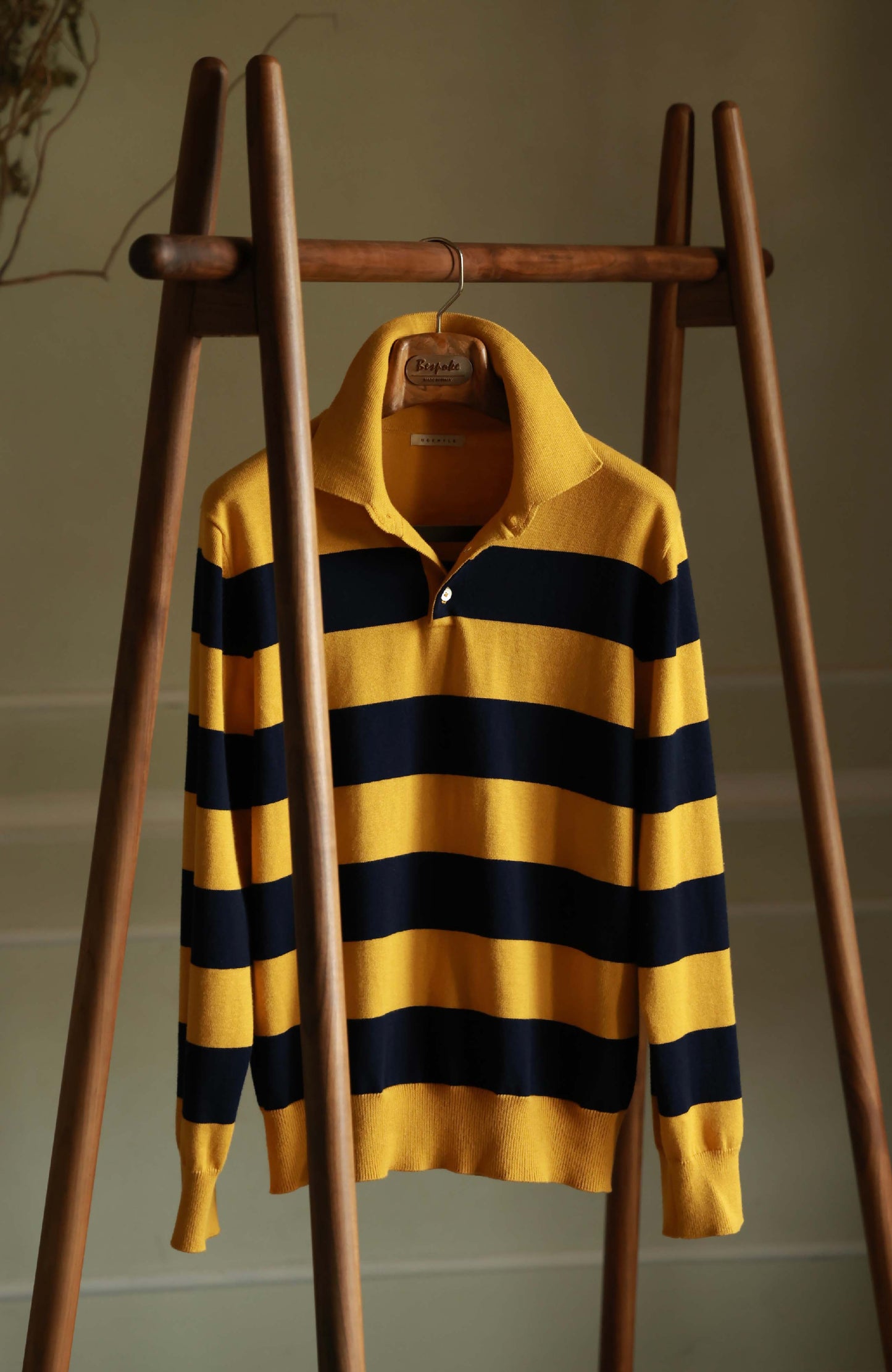 Cashmere Cotton Polo Sweater — Navy & Yellow Bold Stripe