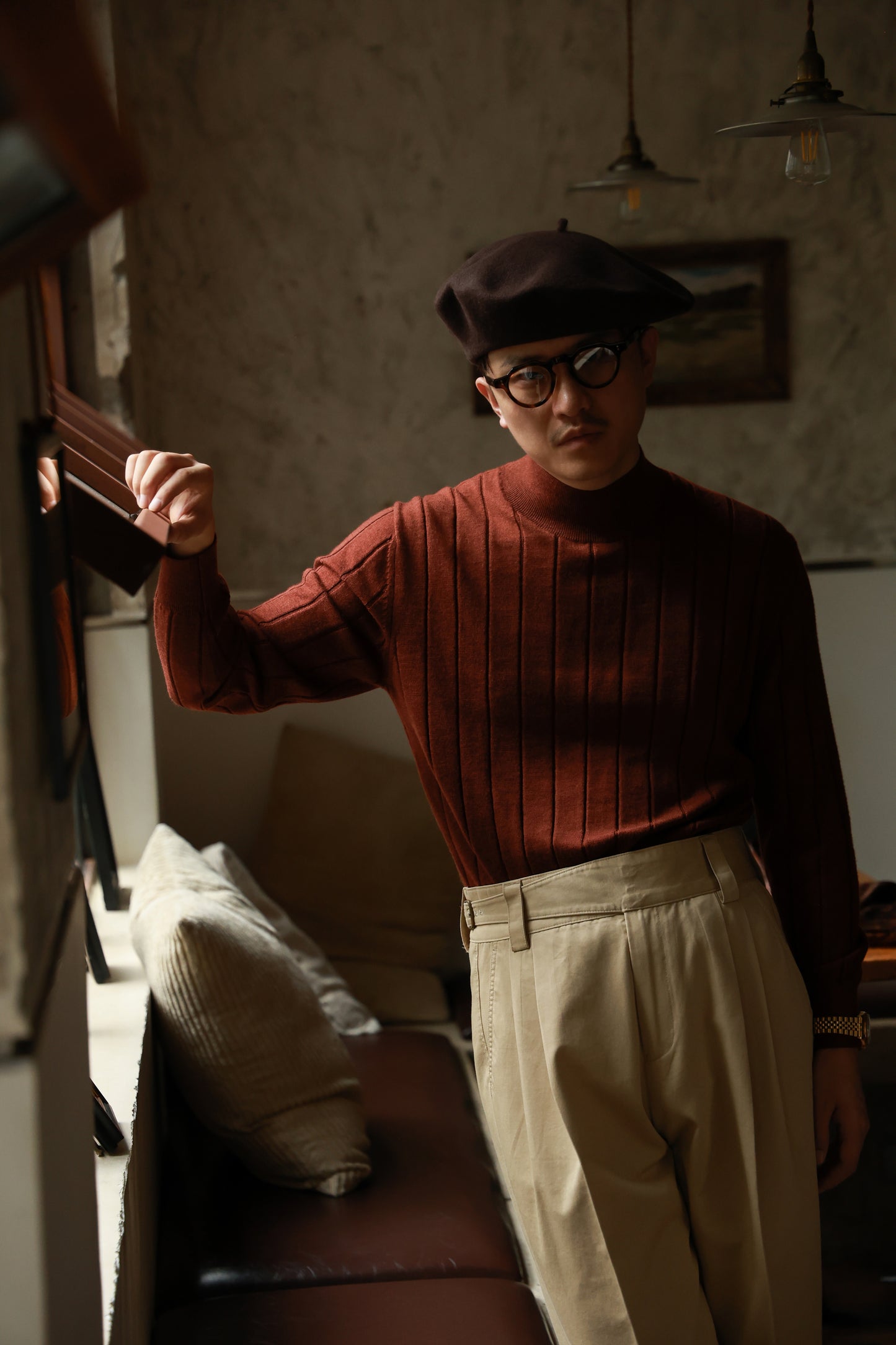 「Maple Red」Mock Neck Ribbed Sweater