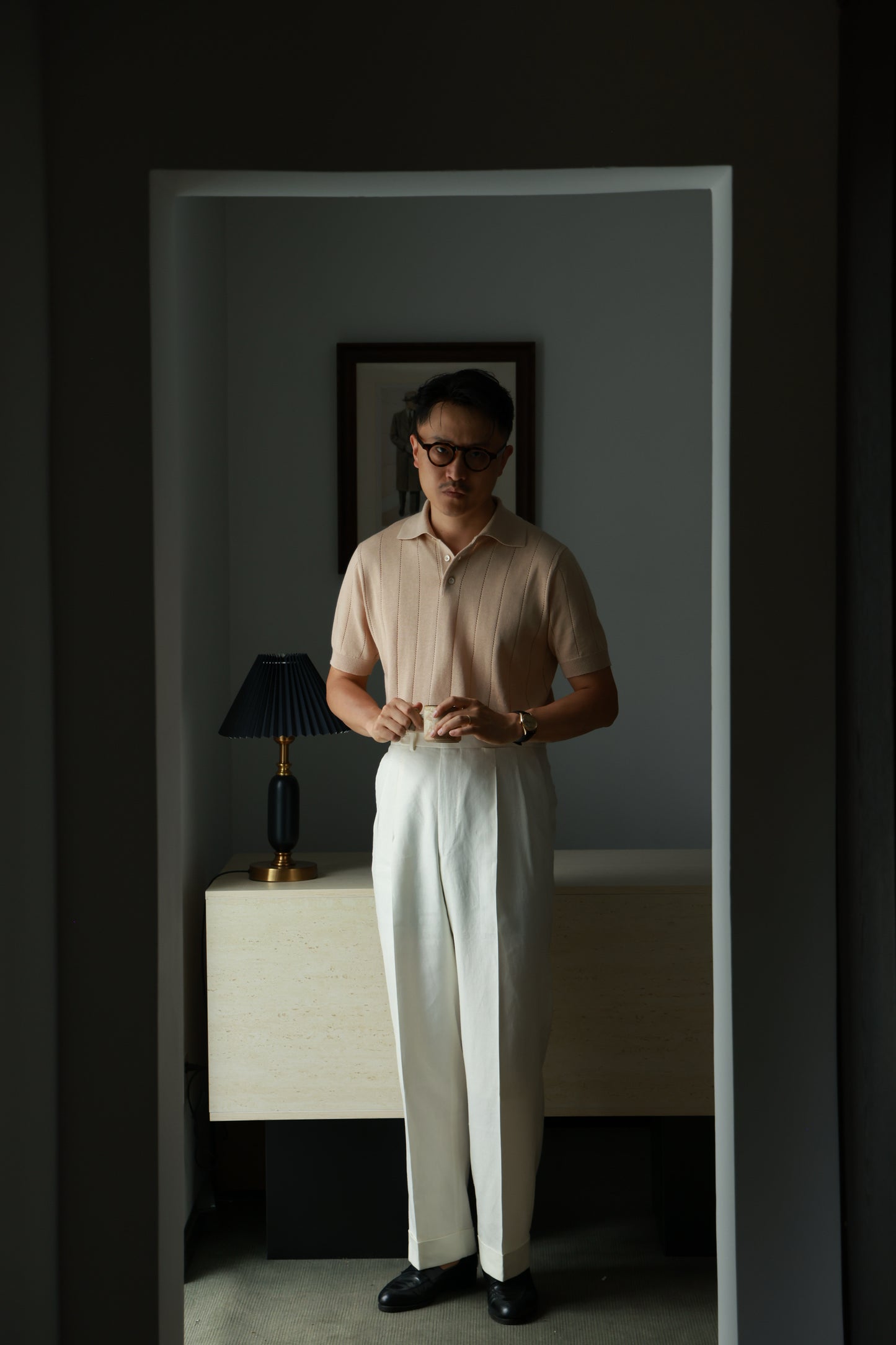 Lyocell-Cotton Linen Blend Ribbed Knit Polo Shirt — Sand Beige