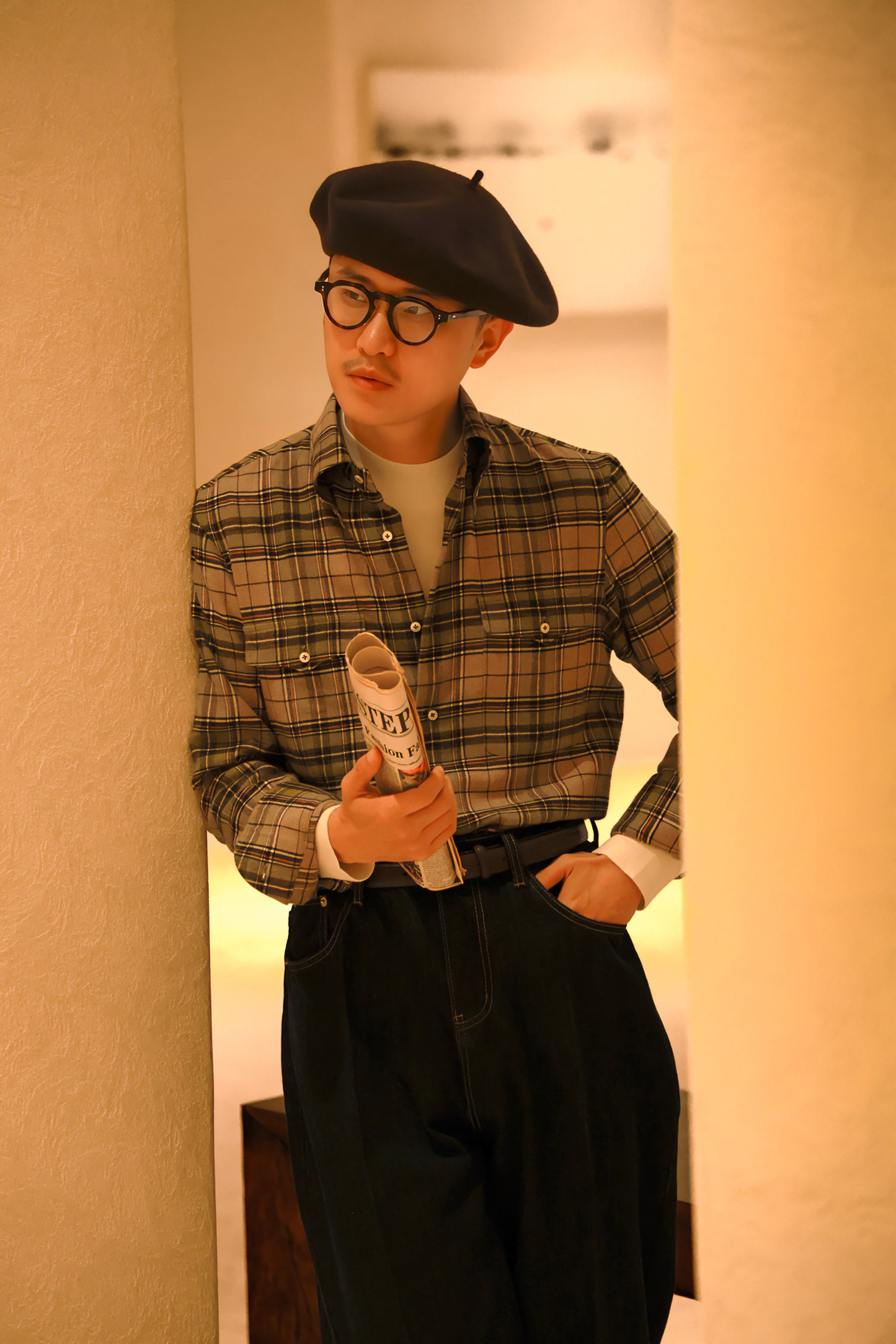 「Dirty Pink Olive Green Grid」Button-down Collar Shirt