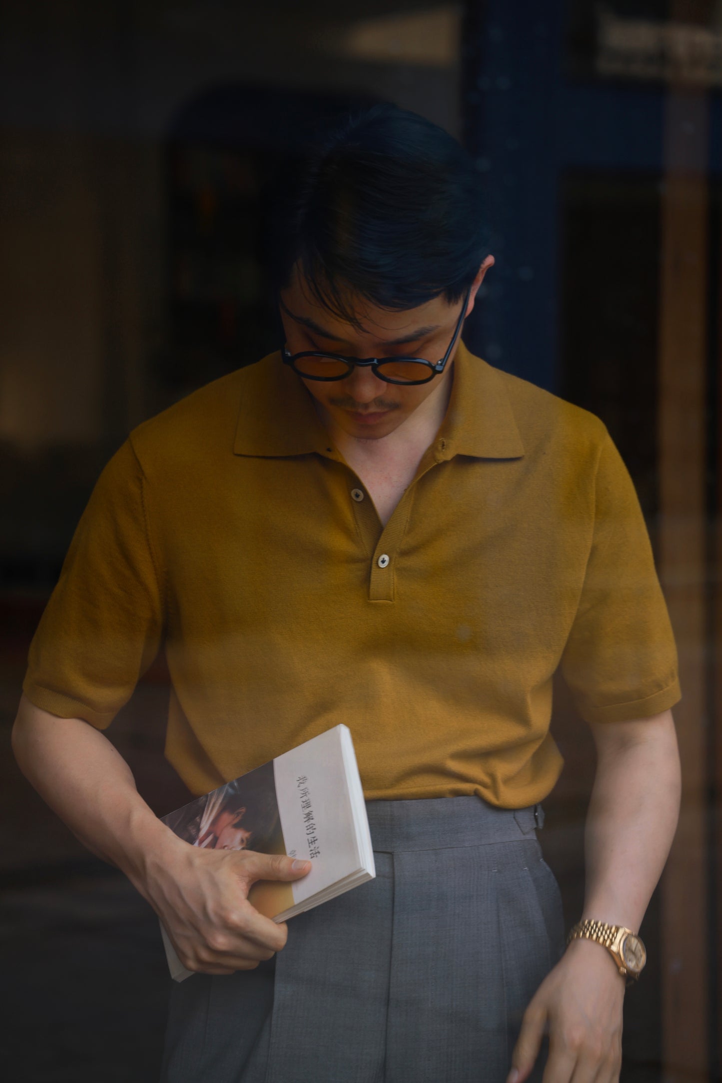 「Spiced Mustard」combed cotton Shell Buttons Knit Short-Sleeve Polo Shirt