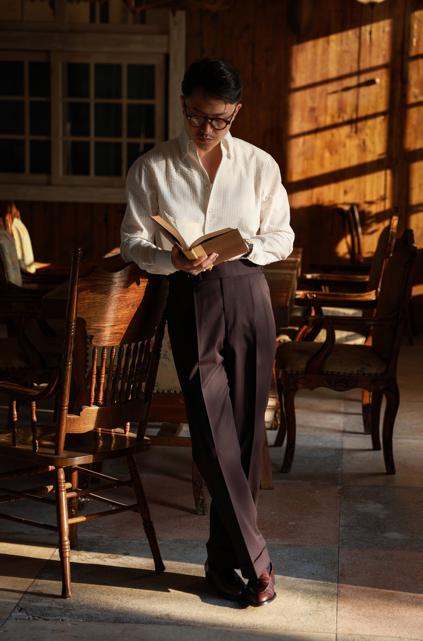 One-piece Collar Shirt — Seersucker Beige Pencil Stripe