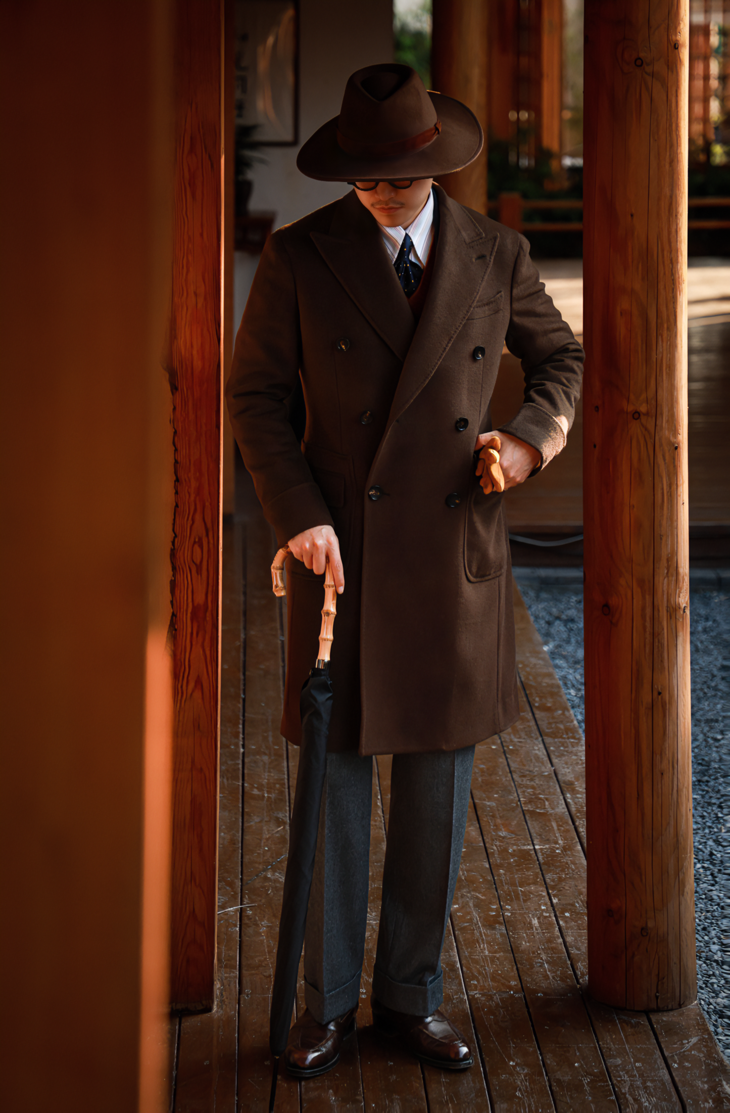 「Chestnut Brown」Half-Canvas Pure wool Polo Overcoat