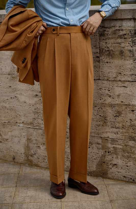 「Tuscan Dusk」Vintage Suit Trousers with  Merino Wool Parisian Side Adjusters and High-Waisted Double-Pleated