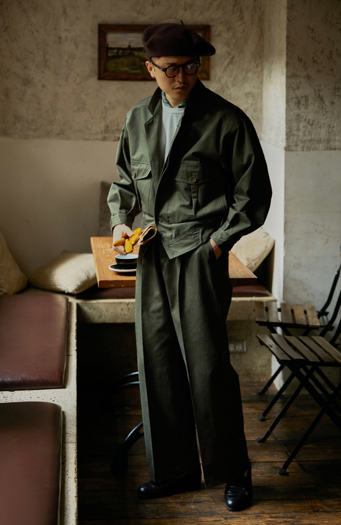 「Mist Forest」Vintage High-density-Cotton Dropped-shoulder sleeve High-Waisted Jacket