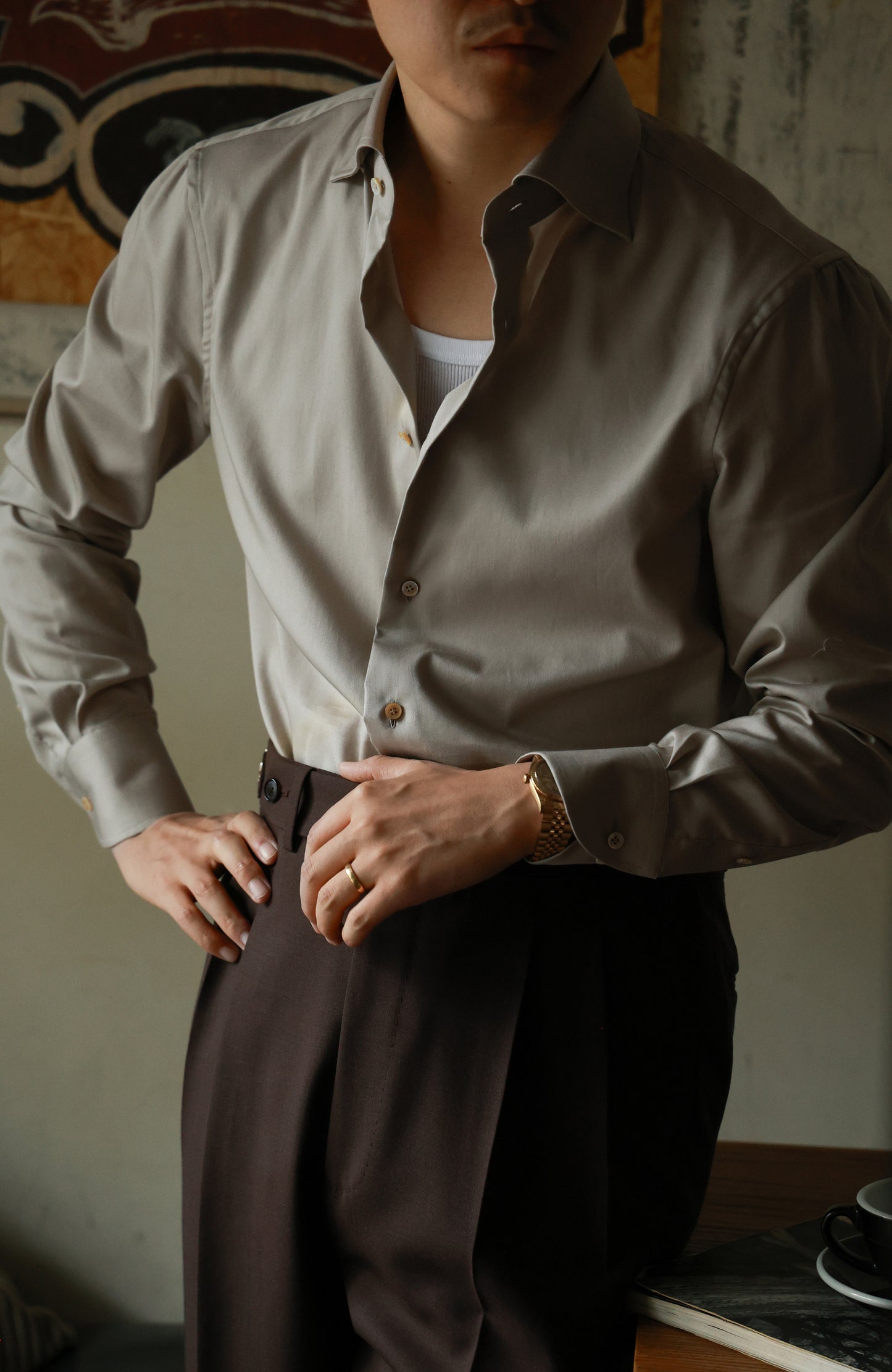 「Vintage Latte」Spread Collar Shirt