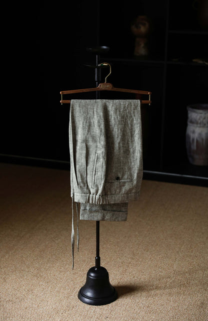 Linen Elasticated High-Waisted Suit Trousers with Drawstring — Moss Field Green