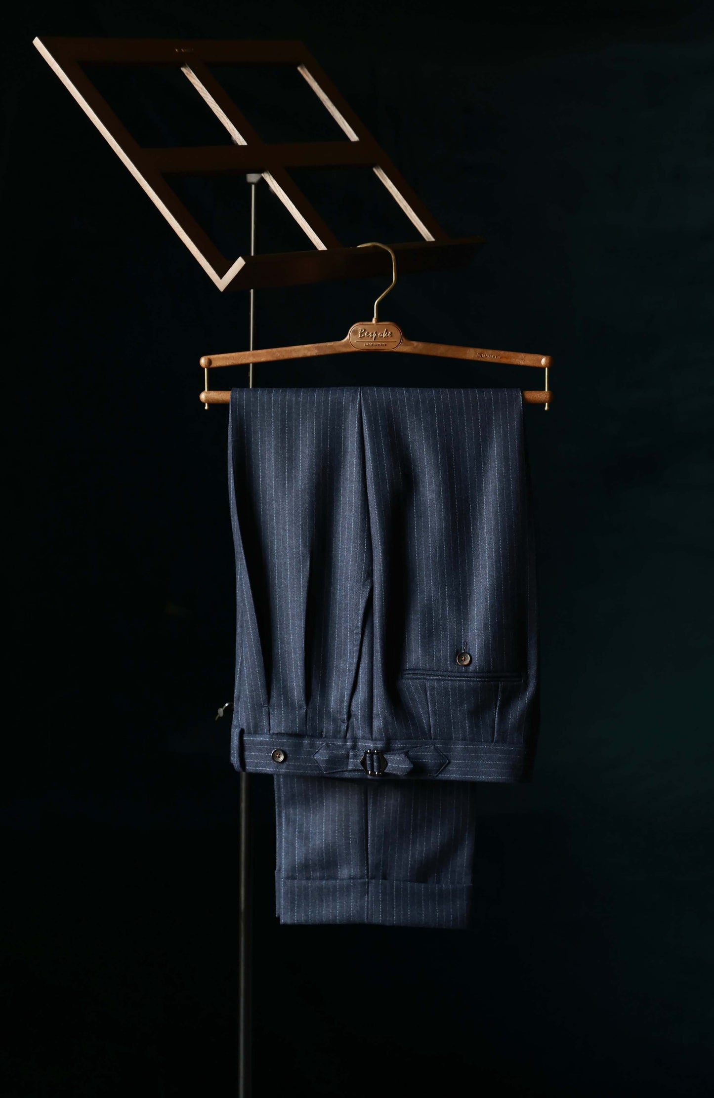 High-Waisted Suit Trousers with Parisian Side Adjusters — Parliament Blue Pinstripe