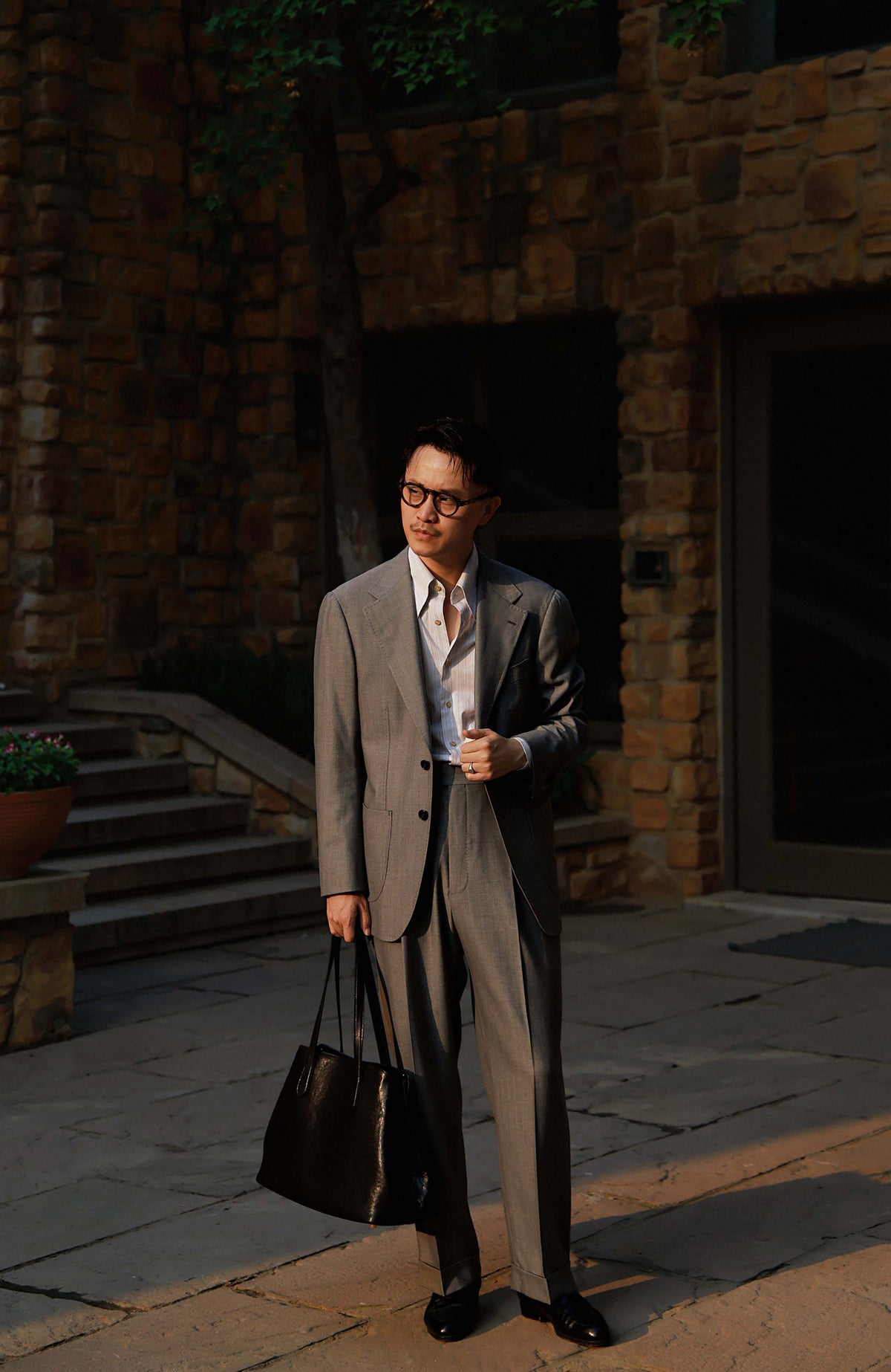 140s Merino Wool High-Waisted Suit Trousers with Side-Adjusters — Stone Grey Herringbone