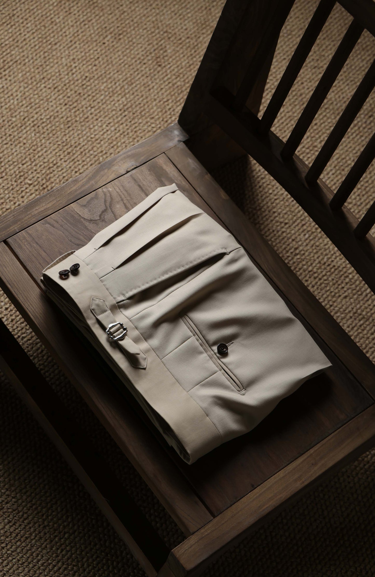 High-Waisted Suit Trousers with Side Adjusters — Sandstone Mist