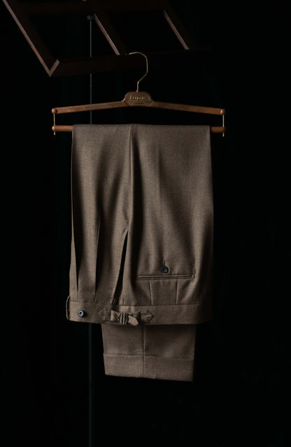 High-Waisted Flannel Suit Trousers with Parisian Side Adjusters — Withered Wood Brown
