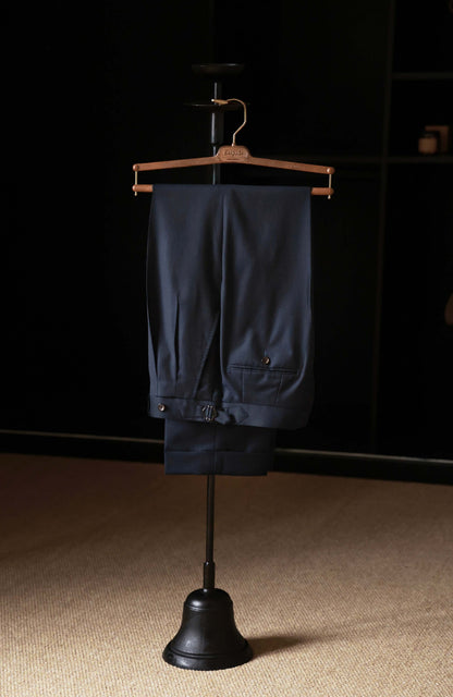 Wool-Silk Herringbone High-Waisted Suit Trousers with Side Adjusters — Abyss Blue