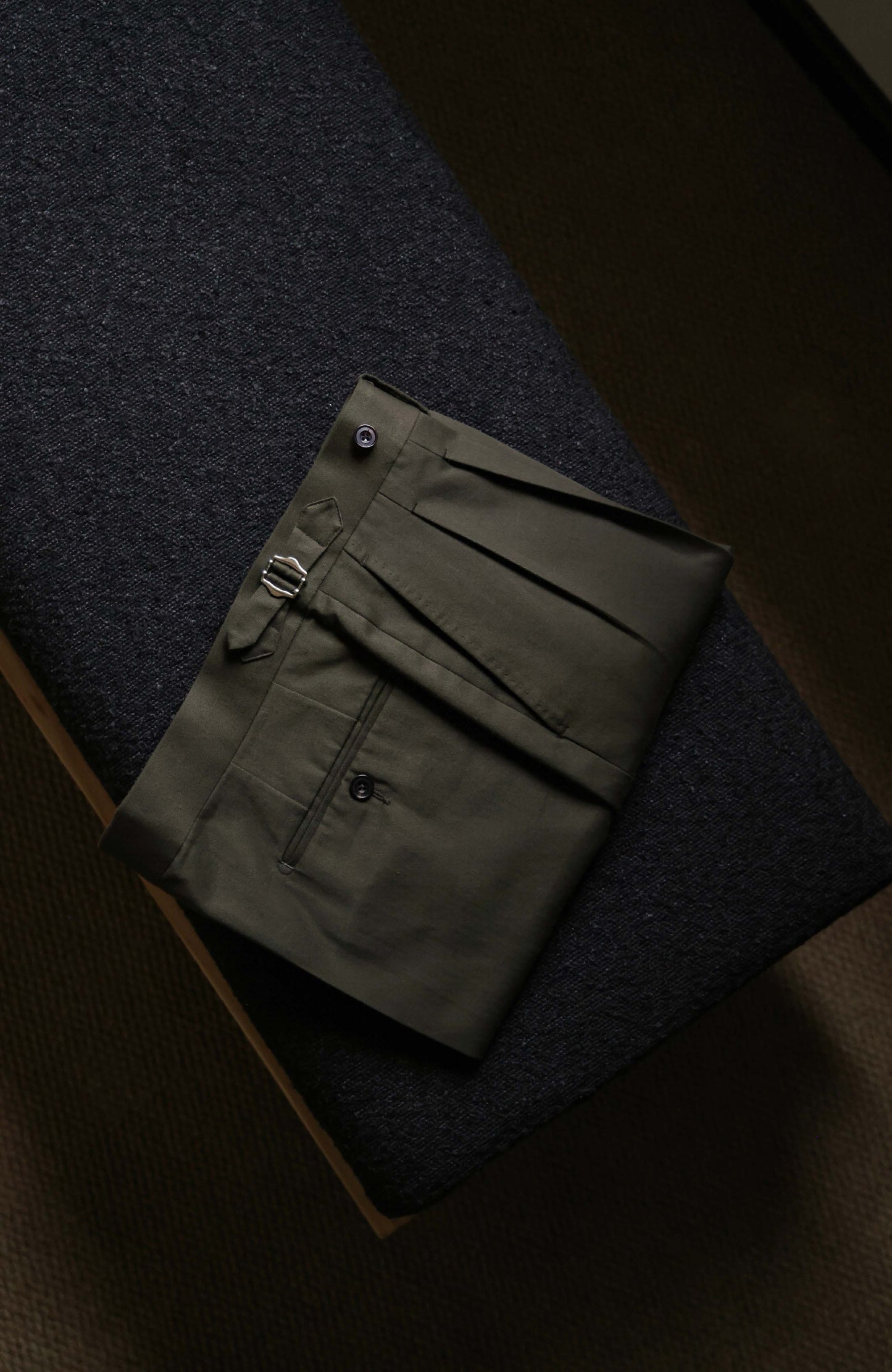 Japanese Heavyweight Cotton Herringbone High-Waisted Trousers with Parisian Side Adjusters — Wild Moss