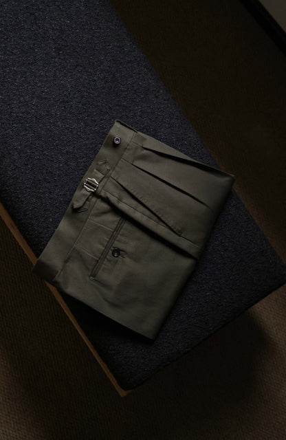 Japanese Heavyweight Cotton Herringbone High-Waisted Trousers with Parisian Side Adjusters — Wild Moss