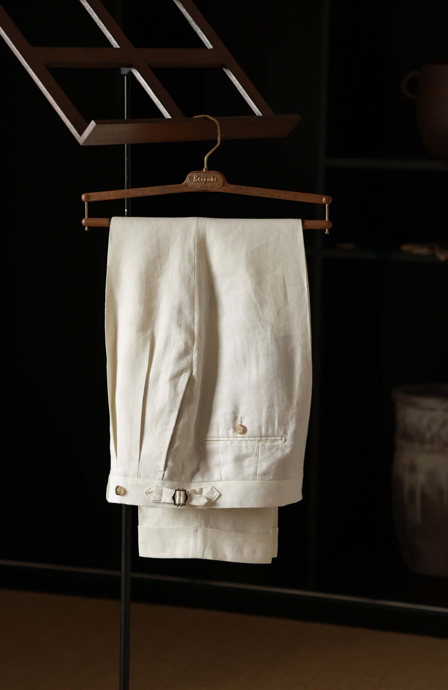 Tussah Silk-Linen Blend Textured Twill High-Waisted Trousers with Side-Adjusters — Wheat White