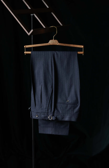 High-Waisted Flannel Suit Trousers with Parisian Side Adjusters — Navy Chalk Stripe
