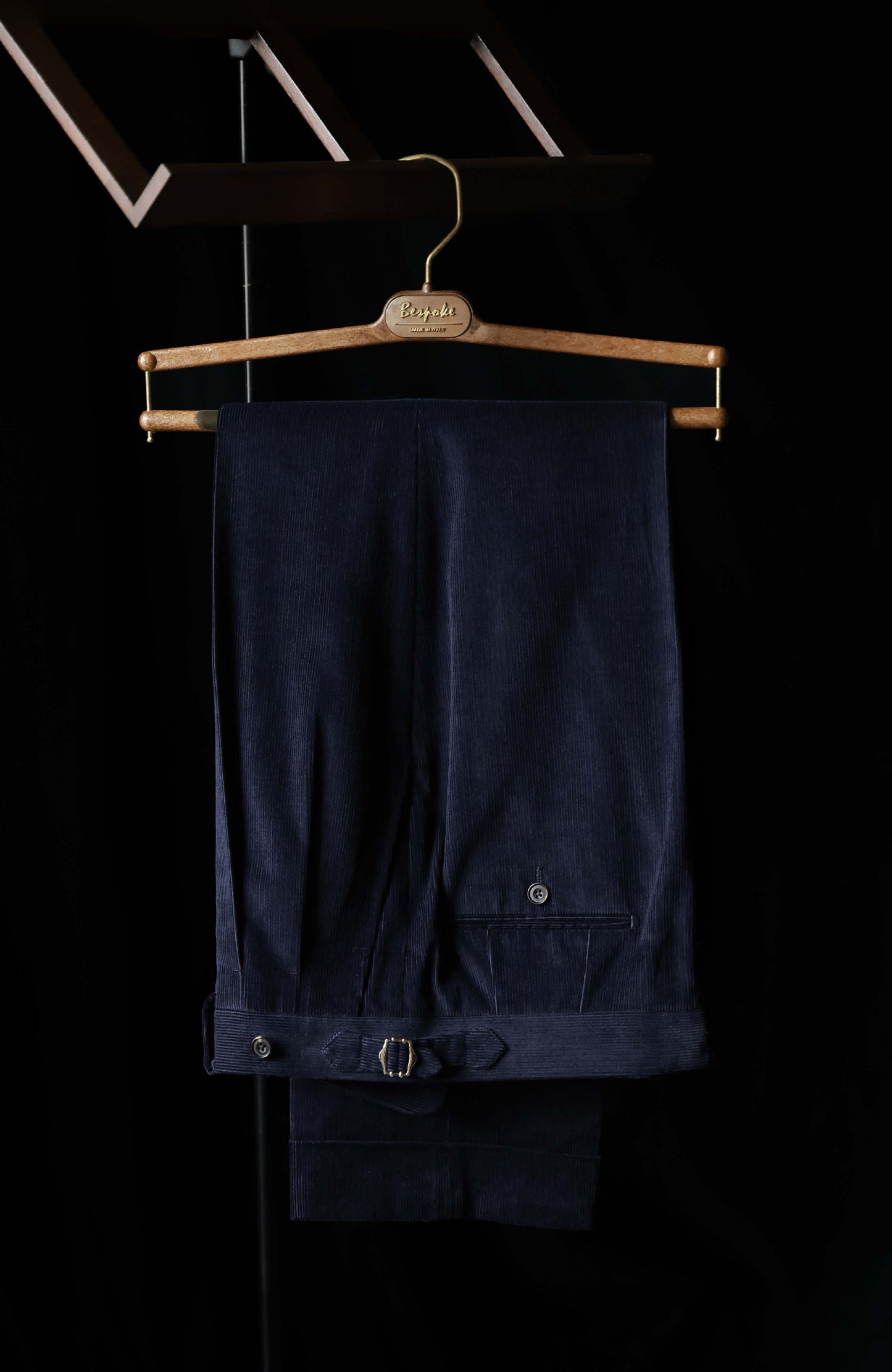 High-Waisted Japanese Corduroy Suit Trousers with Parisian Side Adjusters — Midnight Sheen Navy