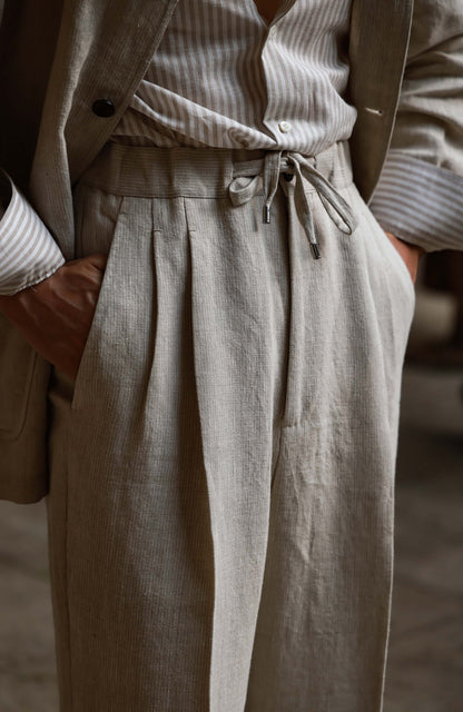 Heavyweight Linen Elasticated Waist with Drawstring Trousers — Harvest Beige