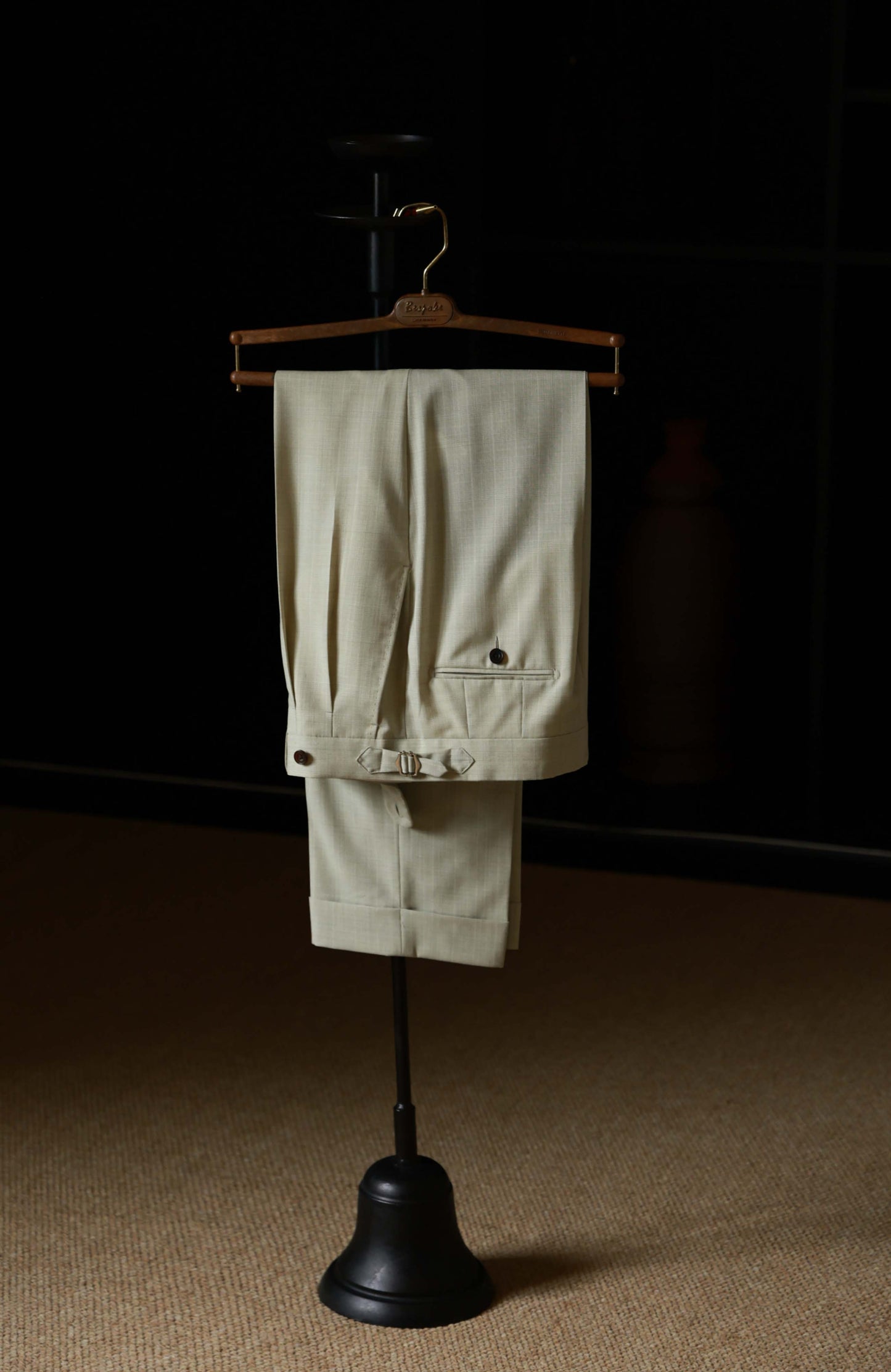 Silk Wool Blend High-Waisted Suit Trousers with Parisian Side Adjusters — Soft Matcha Check