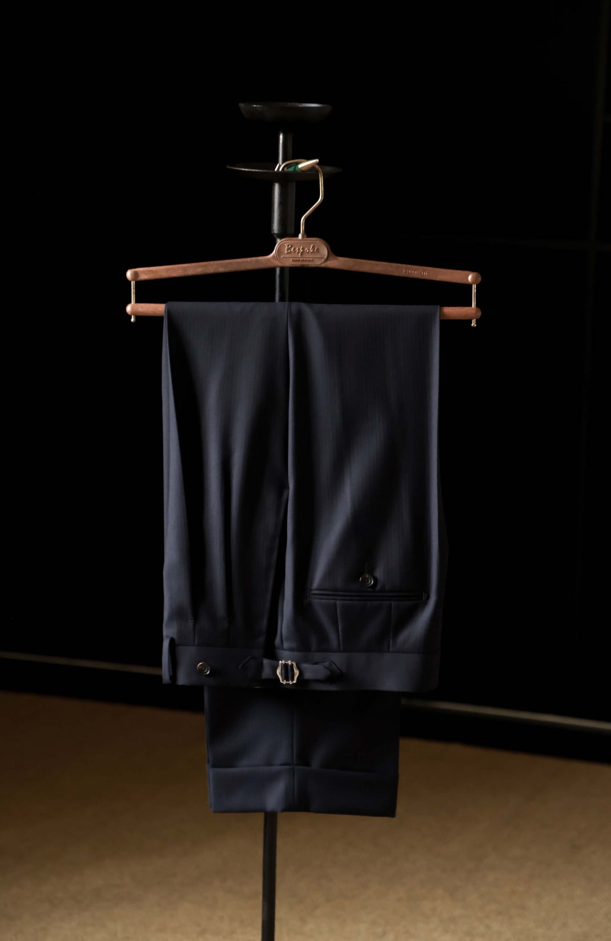 Drago Vantage Wool Herringbone High-Waisted Trousers with Side-Adjusters — Midnight Rain Navy