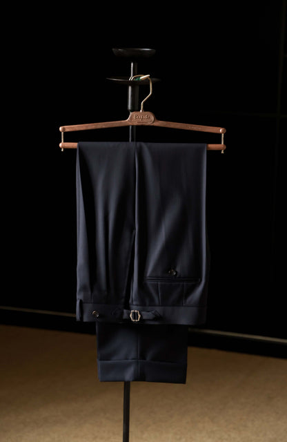 Drago Vantage Wool Herringbone High-Waisted Trousers with Side-Adjusters — Midnight Rain Navy