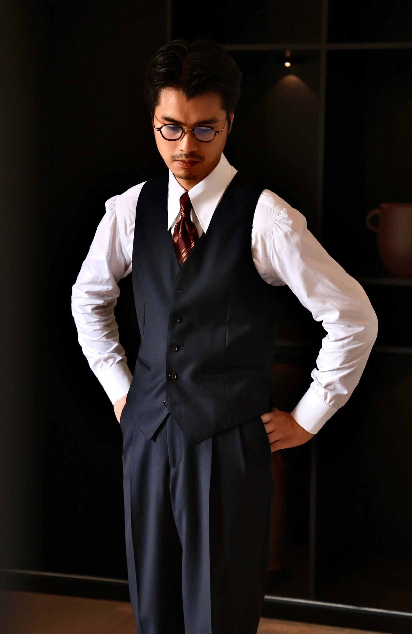 Wool-Silk Herringbone V-Neck Waistcoat — Abyss Blue