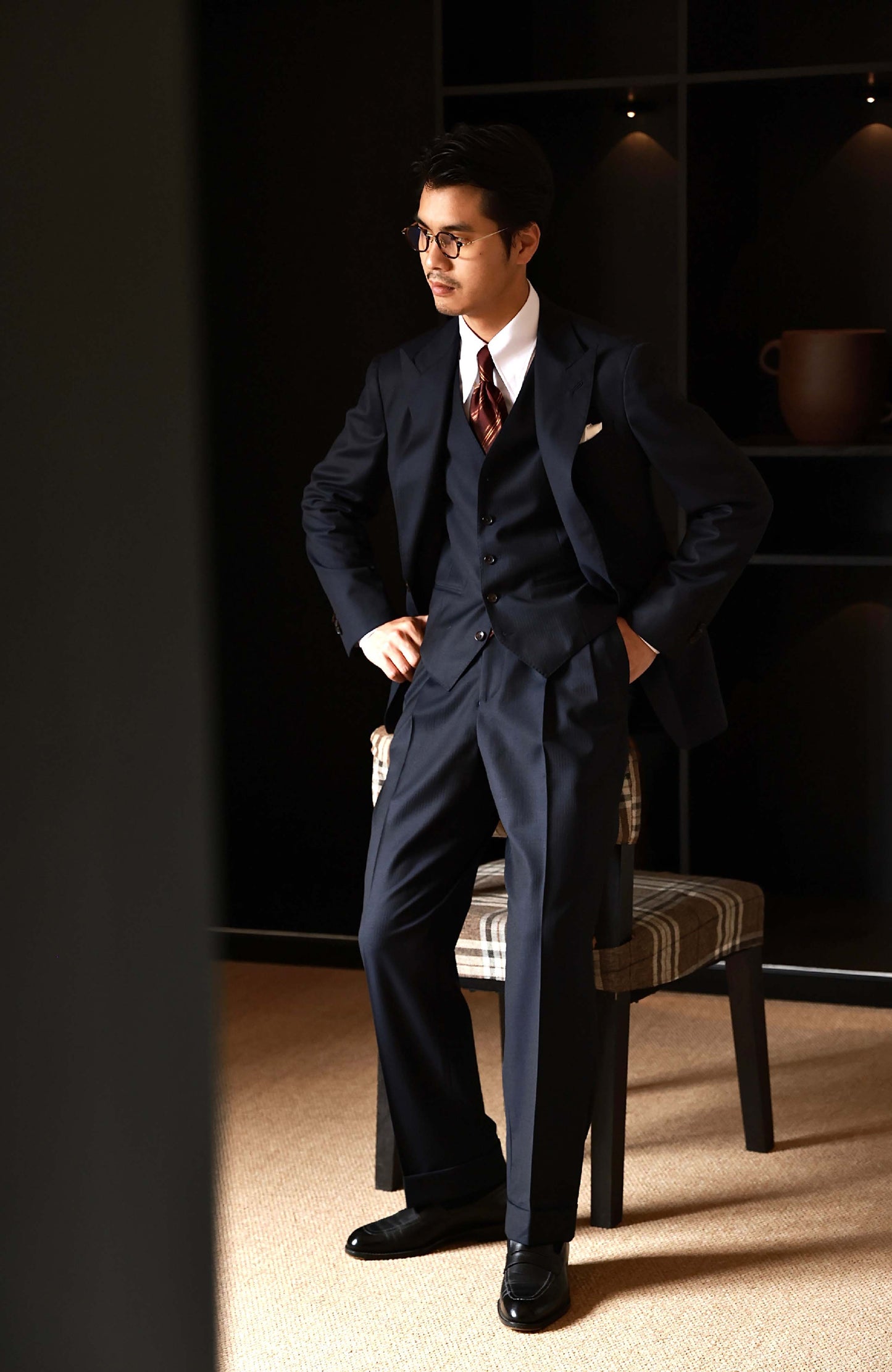 Wool-Silk Herringbone V-Neck Waistcoat — Abyss Blue