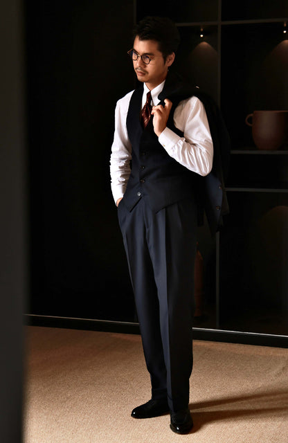 Wool-Silk Herringbone V-Neck Waistcoat — Abyss Blue