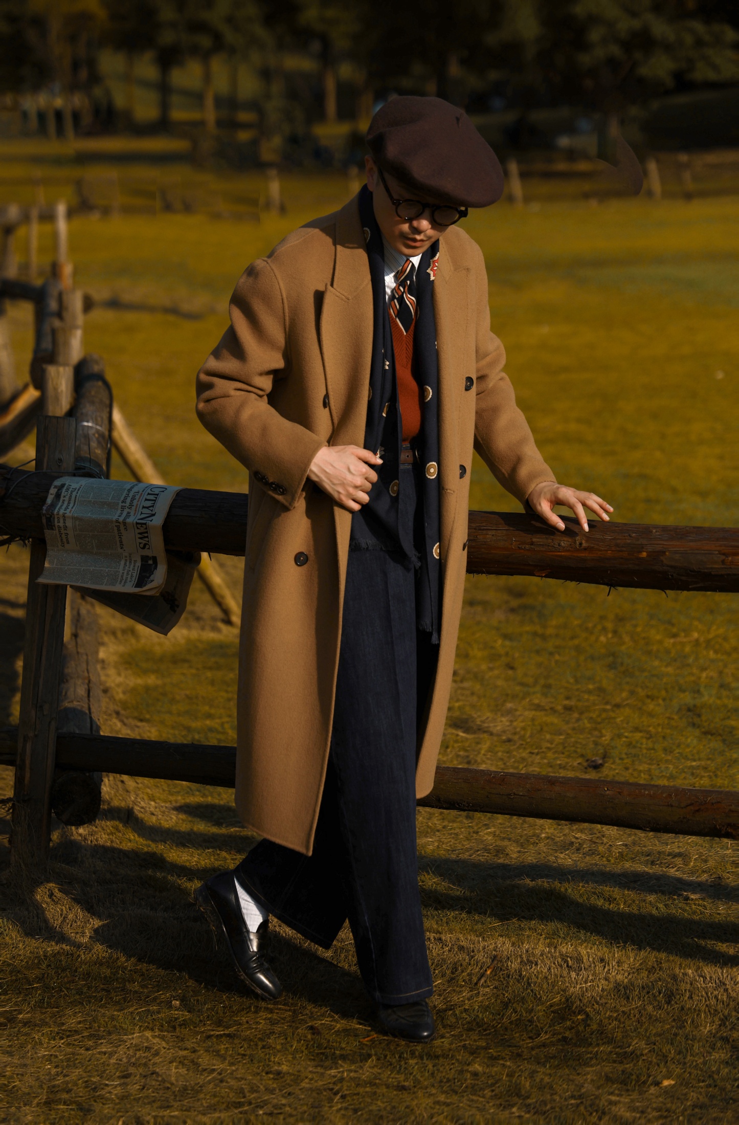 "Desert Smoke" Long Peak Lapel Double-faced Woolen Coat 