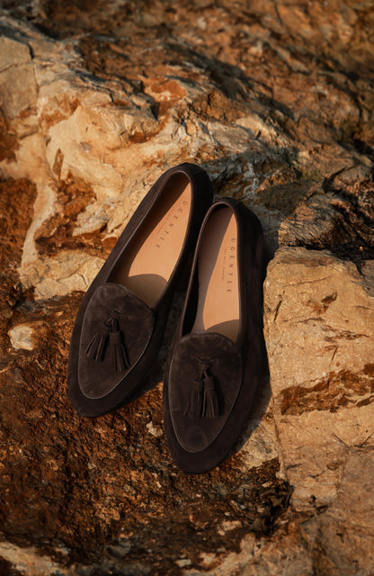 「Cocoa Truffle」Belgian Suede Loafers with Calfskin Sole Blake Stitched & Italian Lambswool Lined