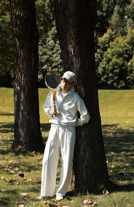 Unisex Long Sleeve Polo Sweatshirt — Travertine White