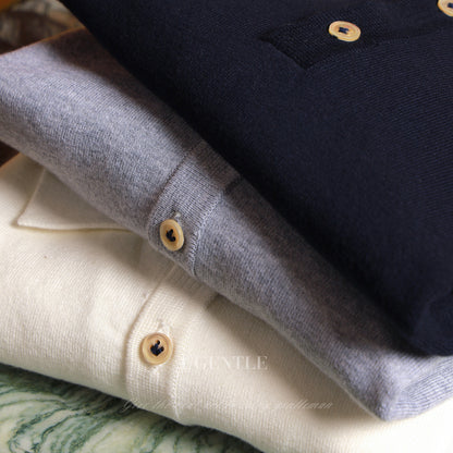 「Navy Blue」combed cotton Shell Buttons Knit Short-Sleeve Polo Shirt